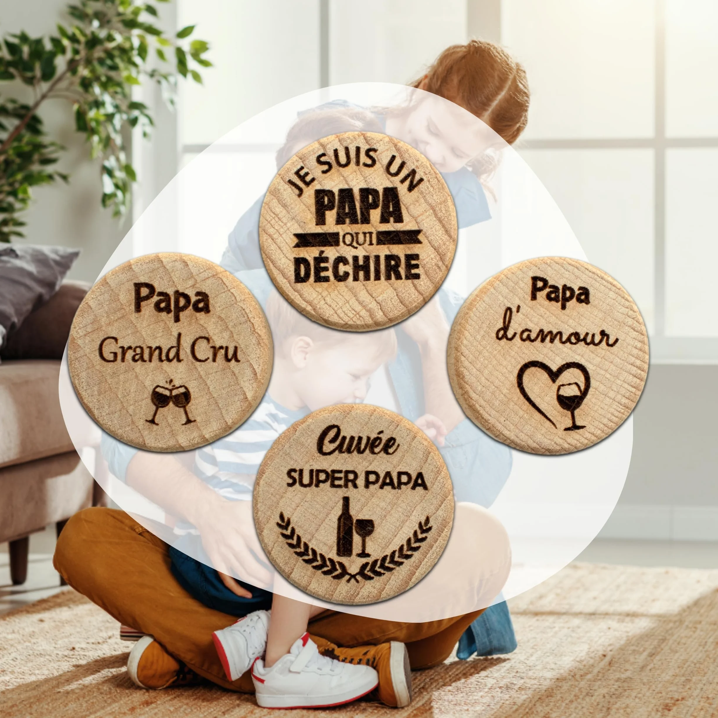 Lot de 4 Bouchons Papa personnalisés - Cadeau fête des pères - Idée Cadeau Homme - Accessoire vin