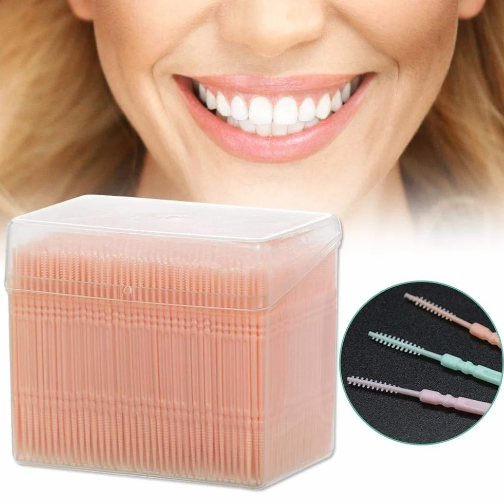 Lot de 1100 cure-dents jetables en plastique avec étui transparent - Brosse interdentaire souple double tête vert