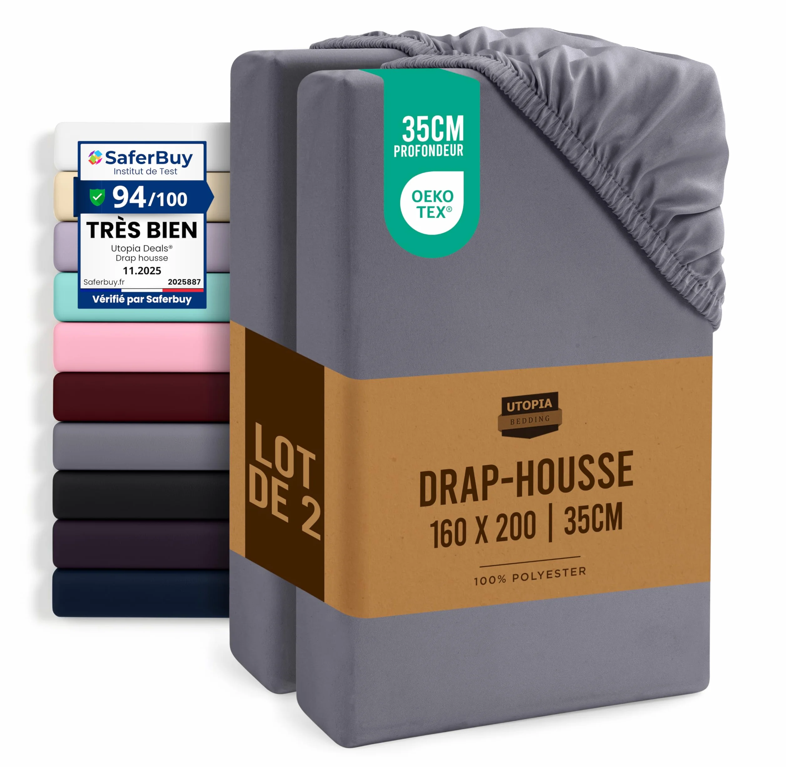 Utopia Bedding Drap Housse Lot de 2 160x200 cm Gris Microfibre brossée Oeko-Tex