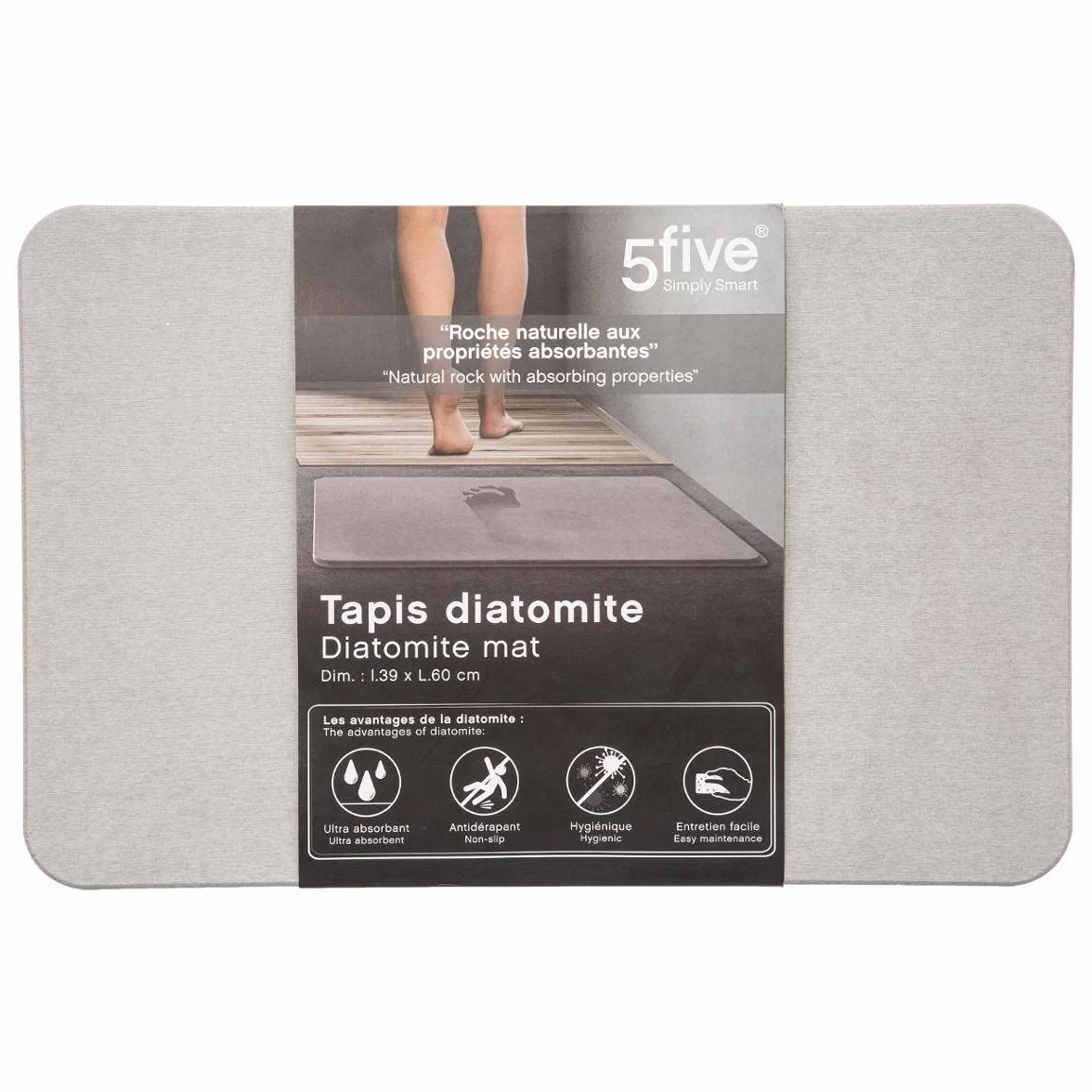 Tapis de Salle de Bain Gris Super Absorbant en Diatomite 39x60 cm Séchage Rapide