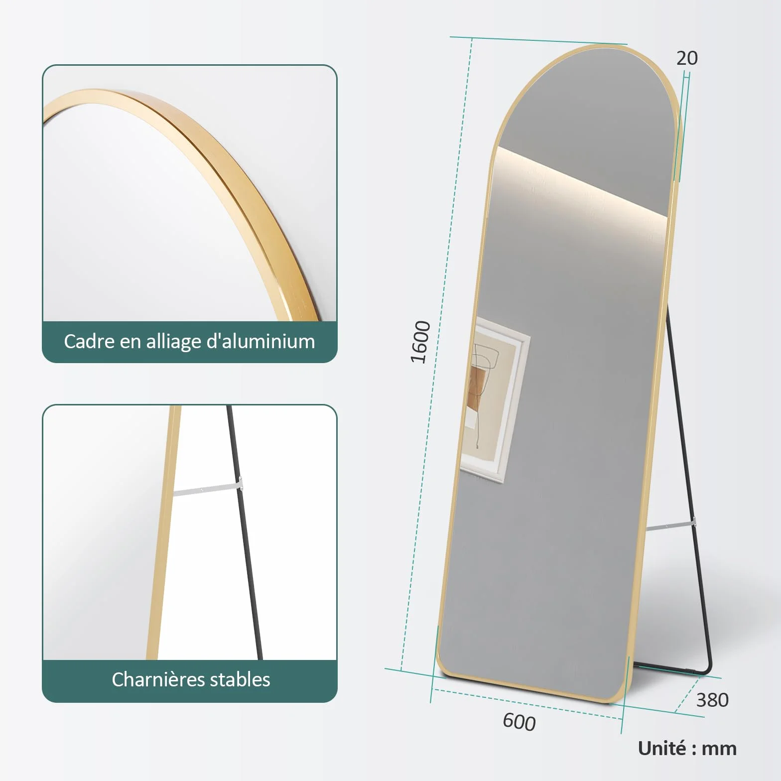 Miroir sur Pied 160 x 60 cm Cadre Aluminium Doré pour Salon Chambre