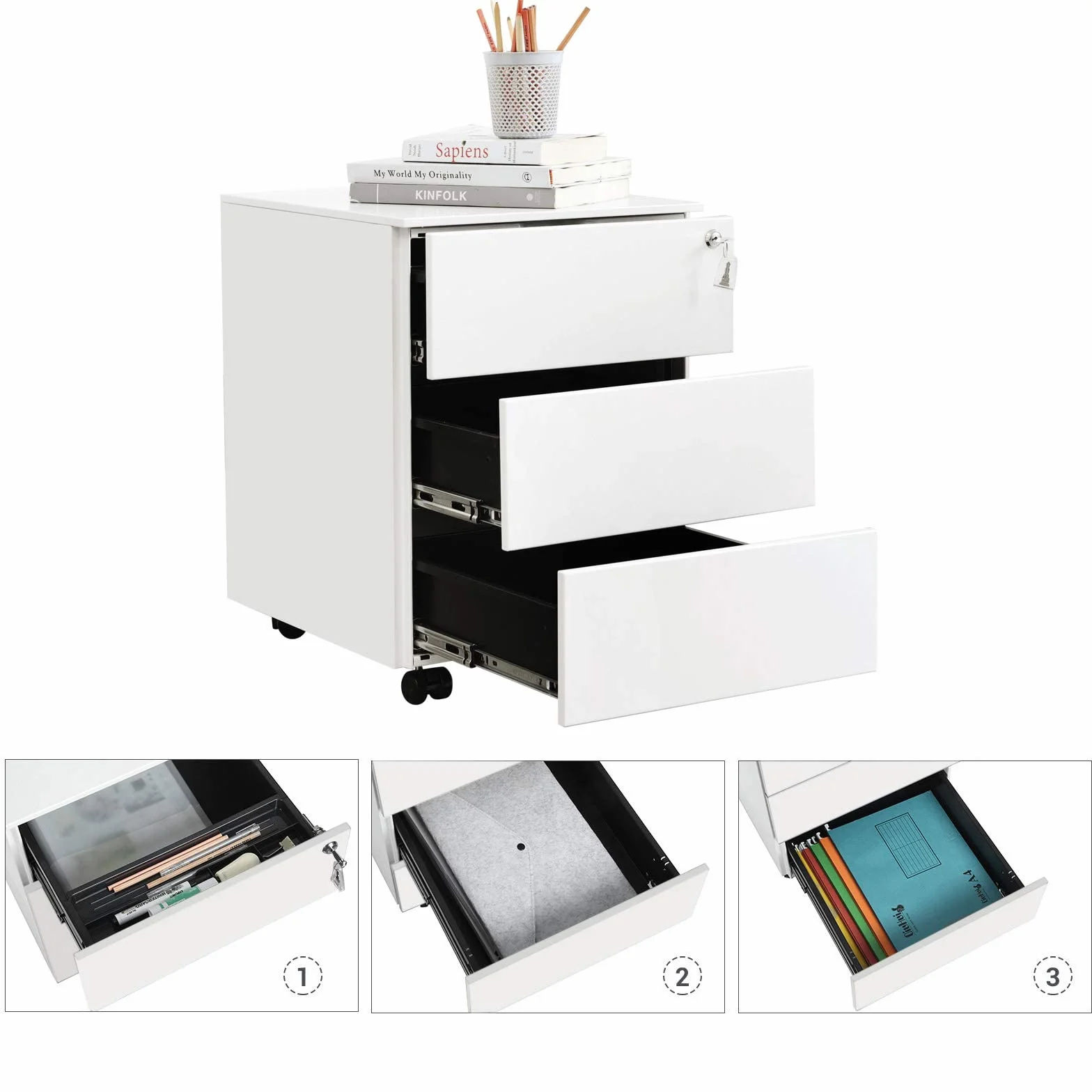 SONGMICS Caisson de Bureau Métallique 3 Tiroirs Verrouillable sur Roulettes 45 x 39 x 54 cm Blanc Mat OFC63WT