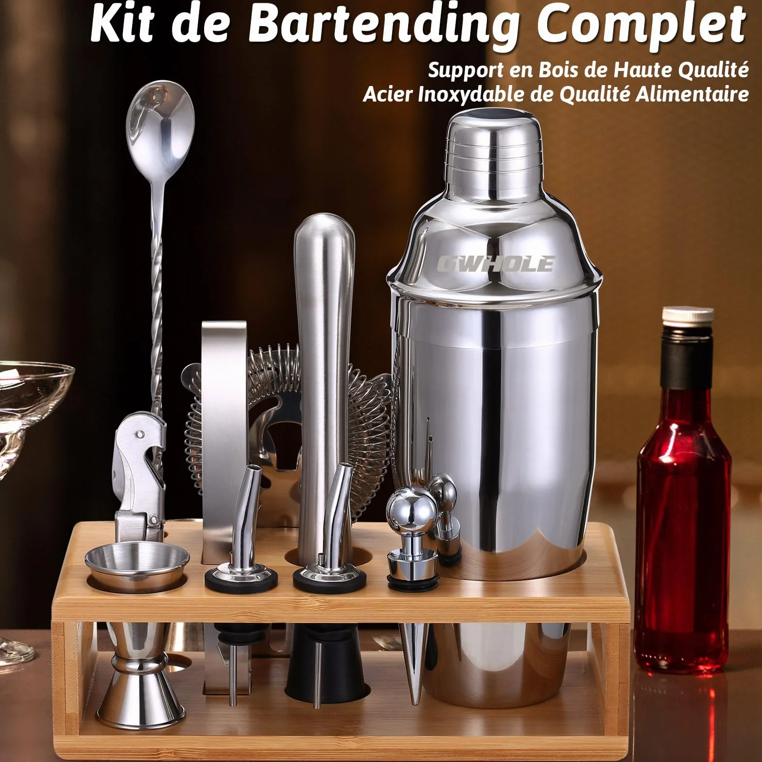 Kit Shaker à Cocktail en Acier Inoxydable GWHOLE avec Support Bois et Recette