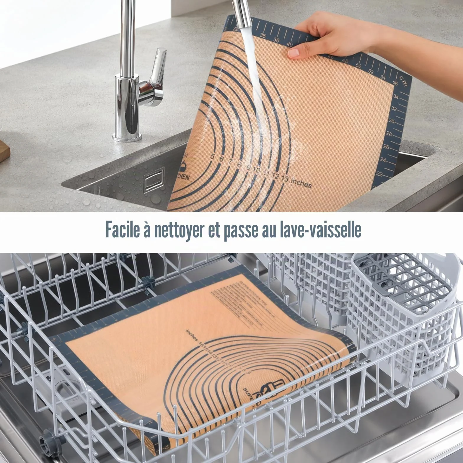 Tapis à Pâtisserie en Silicone Antidérapant 71×51cm avec Grattoir à Pâte Gris
