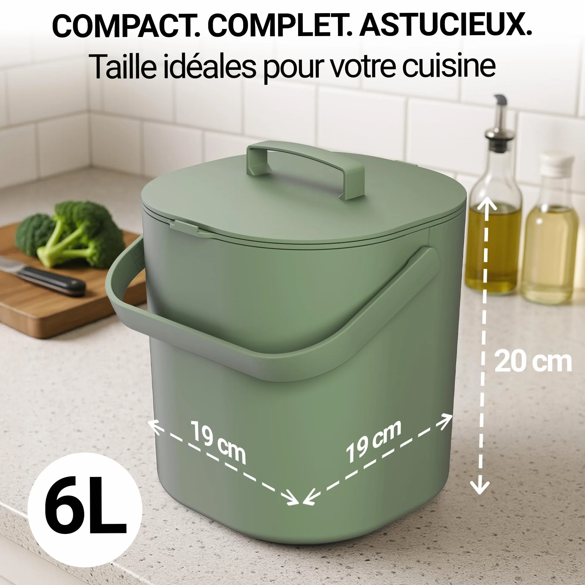 Poubelle Compost Cuisine 6L avec Couvercle et Grille - Lavable Lave-Vaisselle Anti-Odeur
