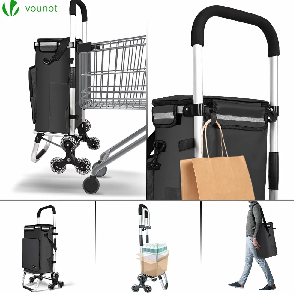 VOUNOT Chariot de Courses 6 Roues en Aluminium Isotherme Pliable 3 en 1 Noir