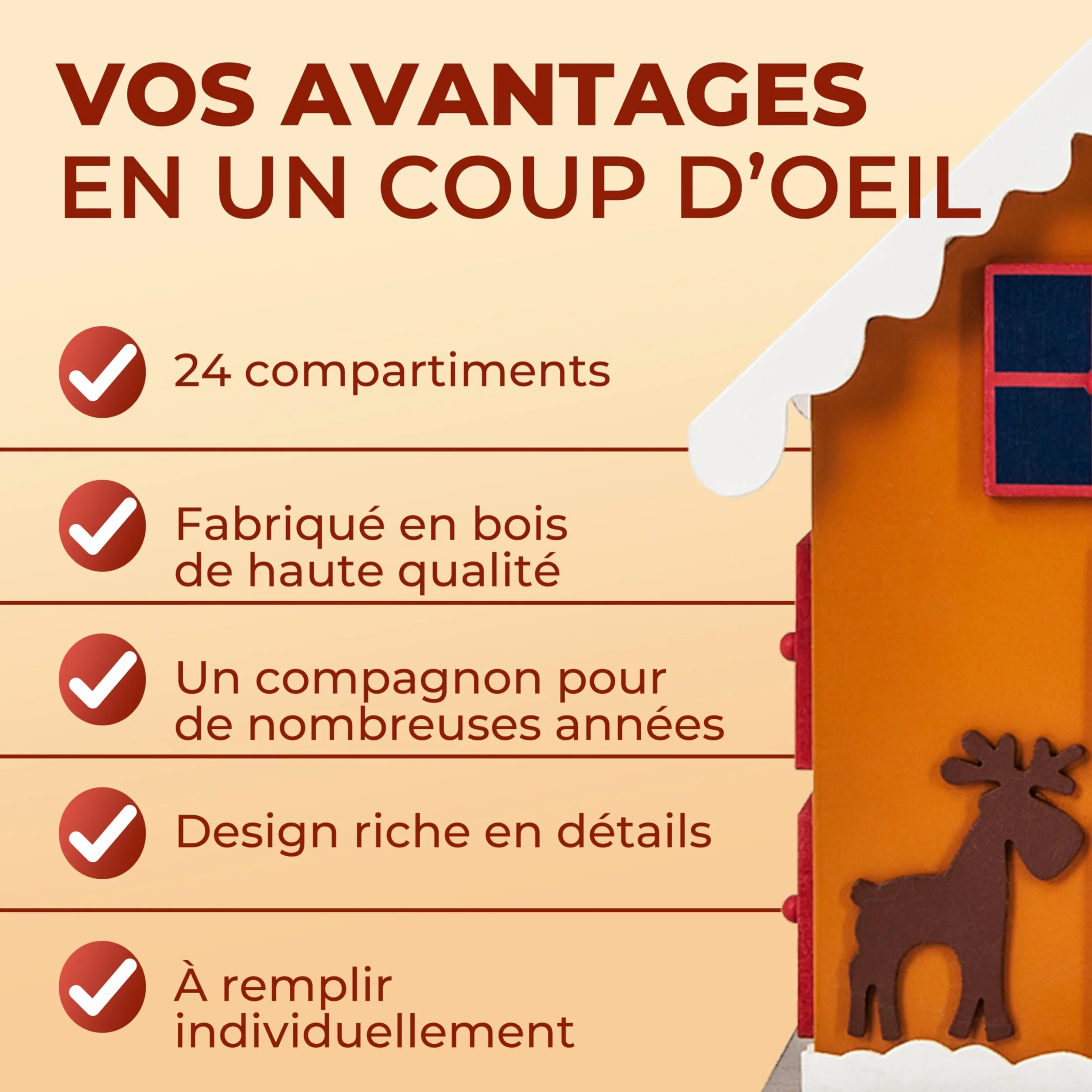 Spielwerk Calendrier de l'Avent en Bois Réutilisable 24 Tiroirs Maison en Pain d'épices