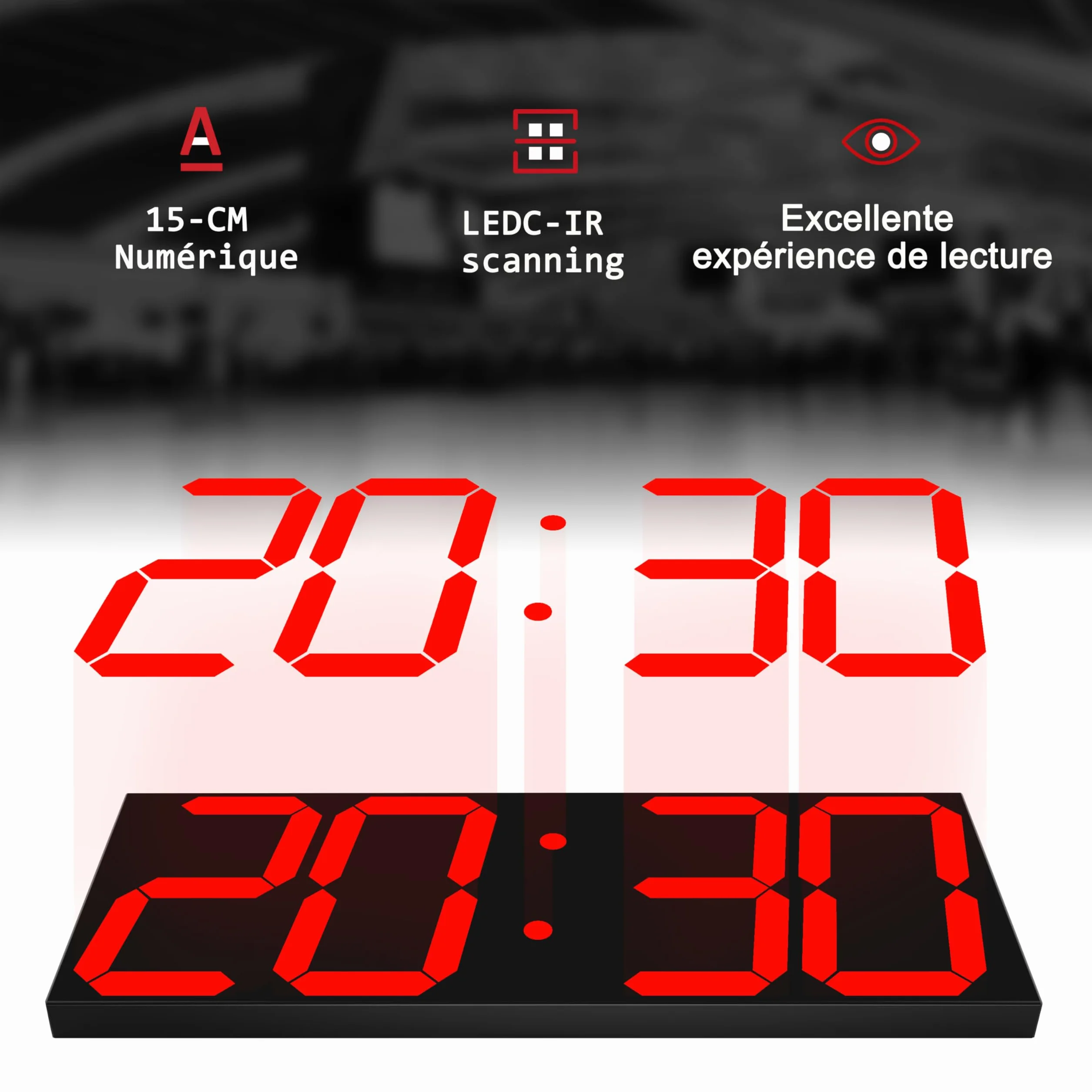 CHKOSDA Grande horloge murale LED numérique 18 pouces compte à rebours 8 niveaux luminosité réglables affichage 12/24 heures indicateur température calendrier rouge