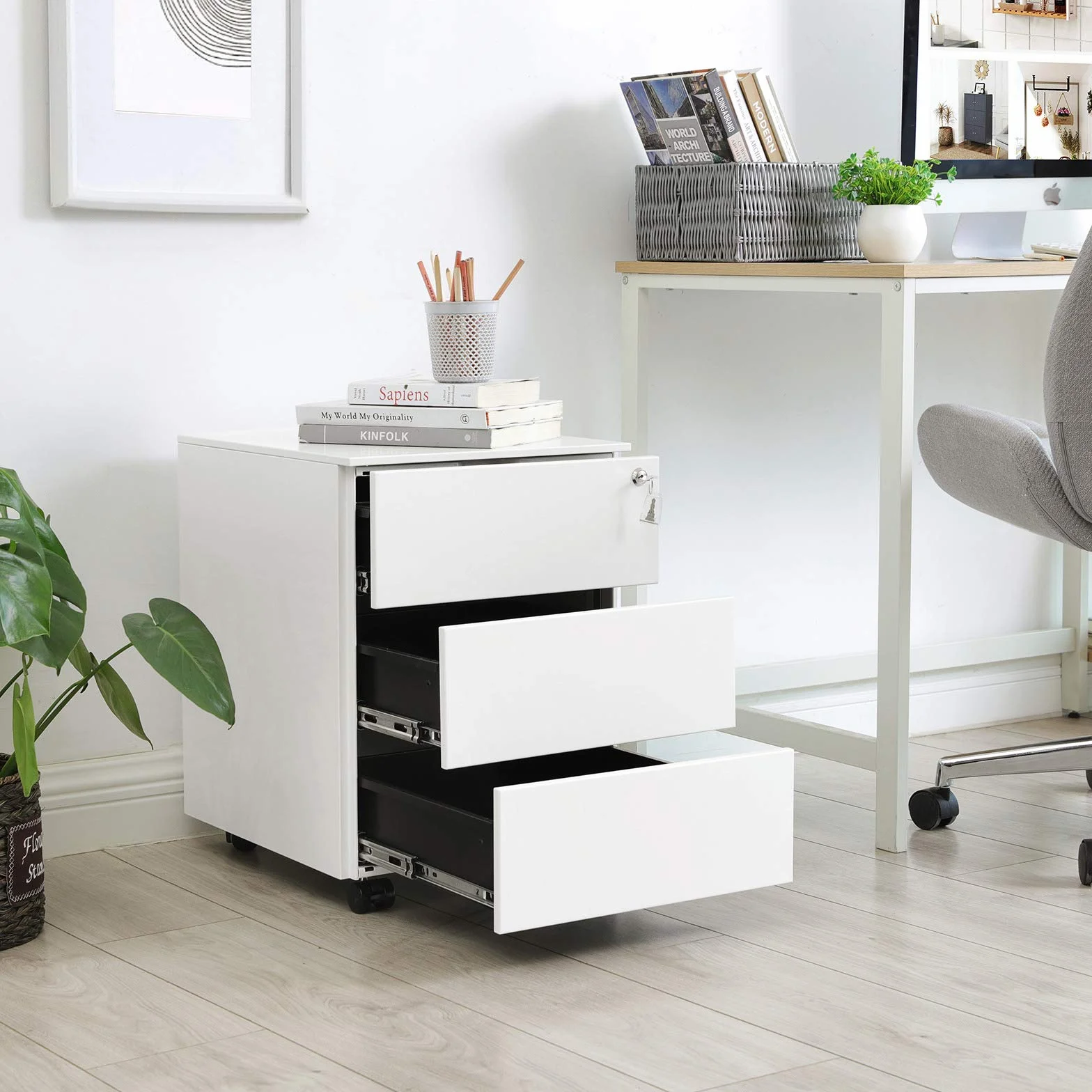 SONGMICS Caisson de Bureau Métallique 3 Tiroirs Verrouillable sur Roulettes 45 x 39 x 54 cm Blanc Mat OFC63WT