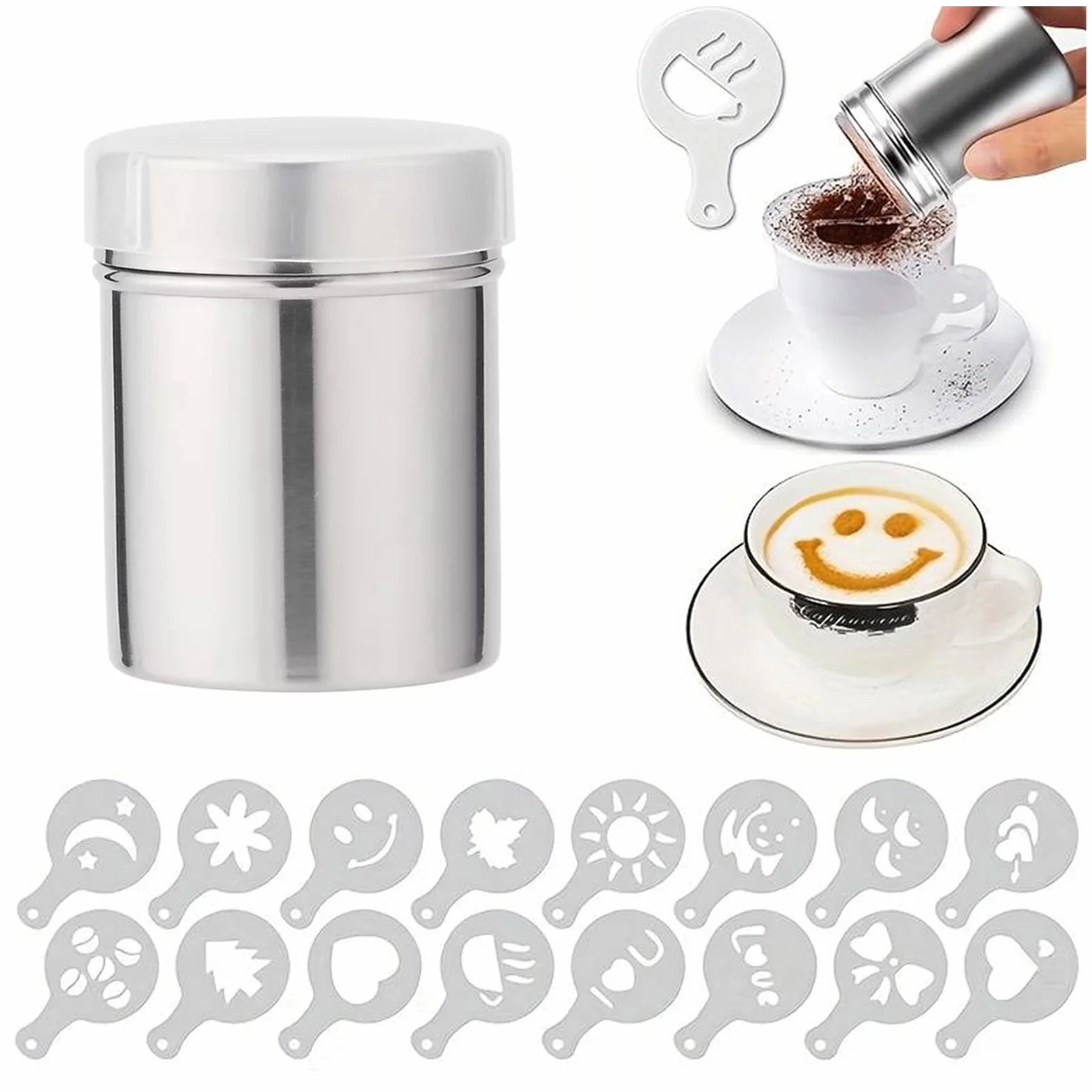 Tamis à cacao en acier inoxydable avec 16 pochoirs pour cappuccino, chocolat chaud et sucre glace