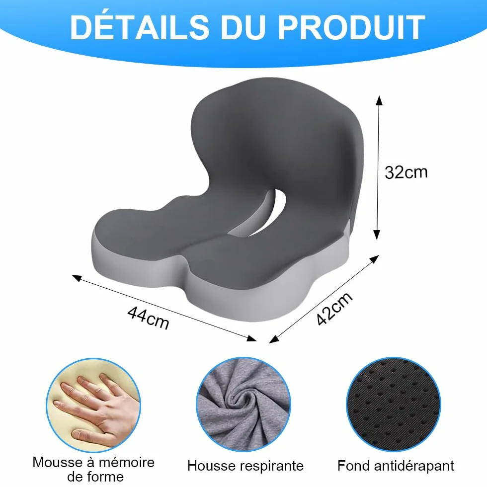 Coussin ergonomique en mousse mémoire pour siège, soutien sciatique et coccyx