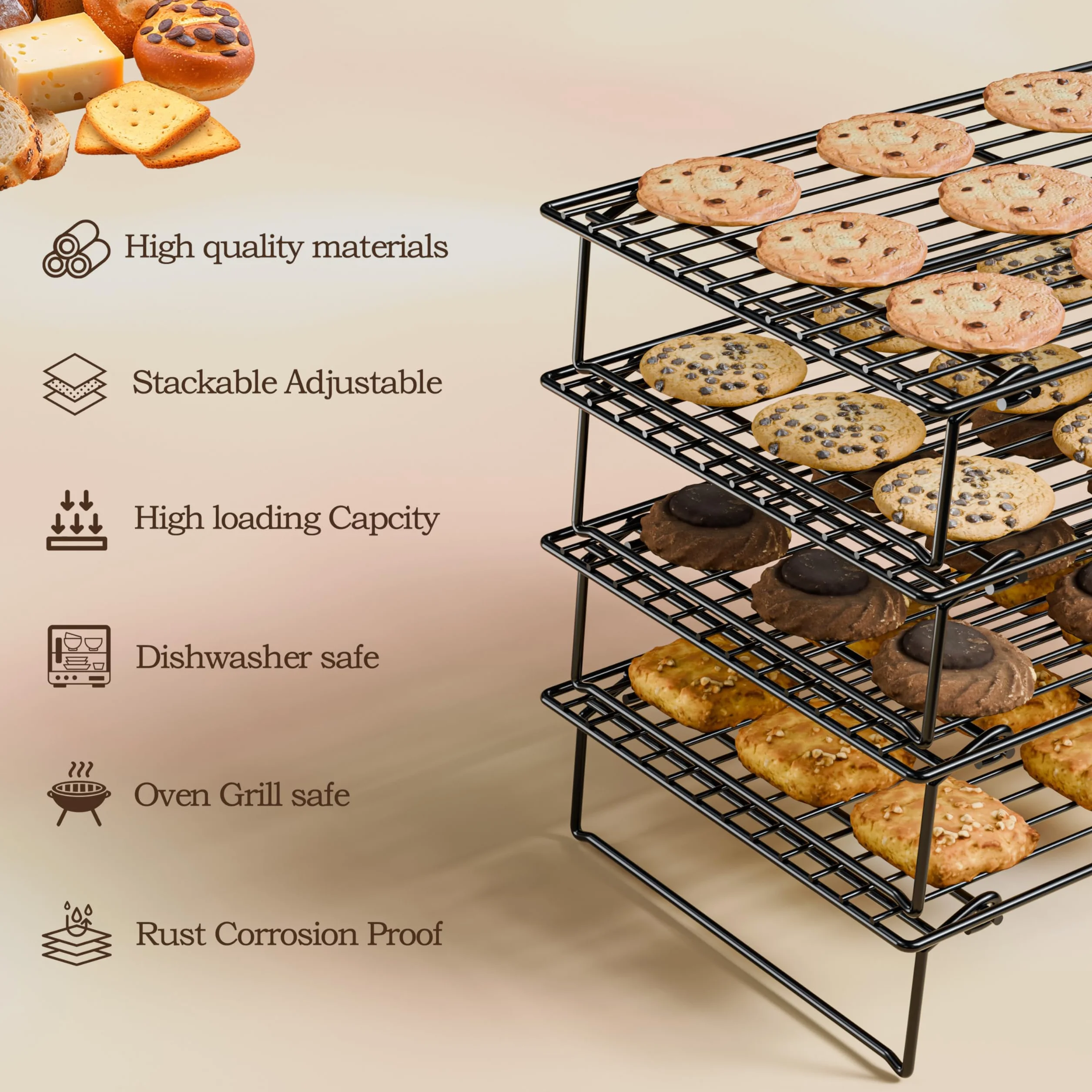 Racks de Refroidissement 4PCS Pliables 4 Niveaux 26 x 41cm Anti-adhésif BPA-Free Four Lave-Vaisselle Safe