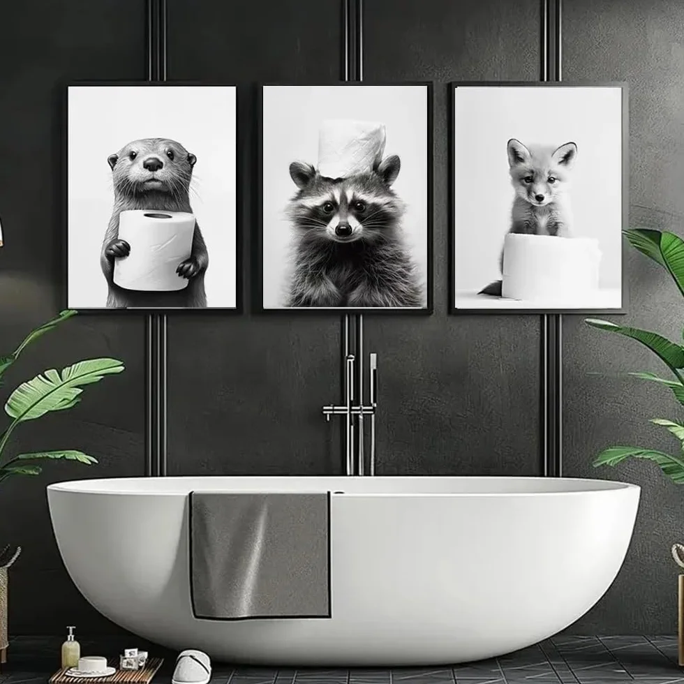 Affiche Murale Noir et Blanc Humour Animaux 40x50 Poster WC Deco Salle de Bain Toilette Humoristique