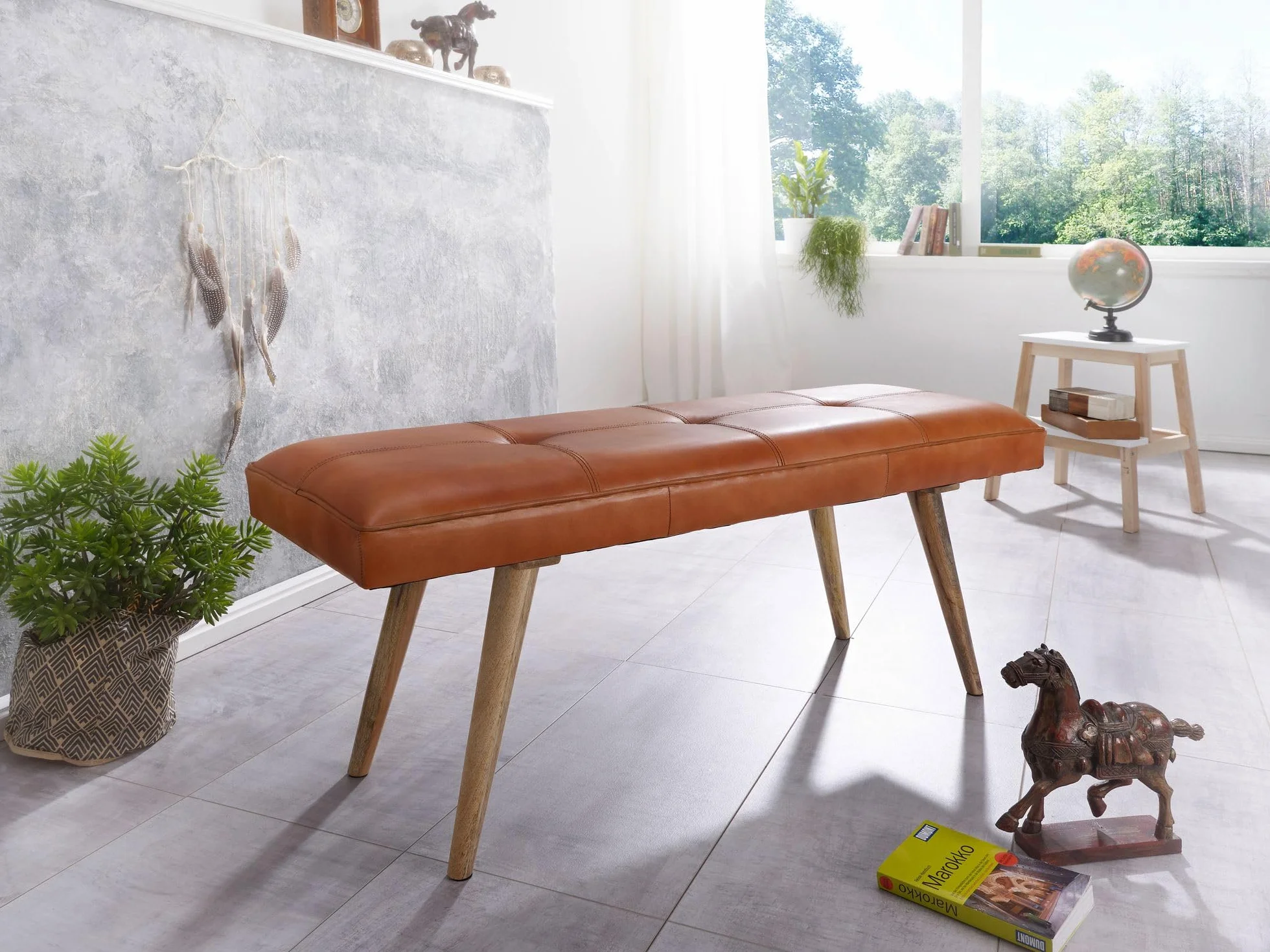 Banc en cuir massif bois 117x51x38 cm style rétro FineBuy