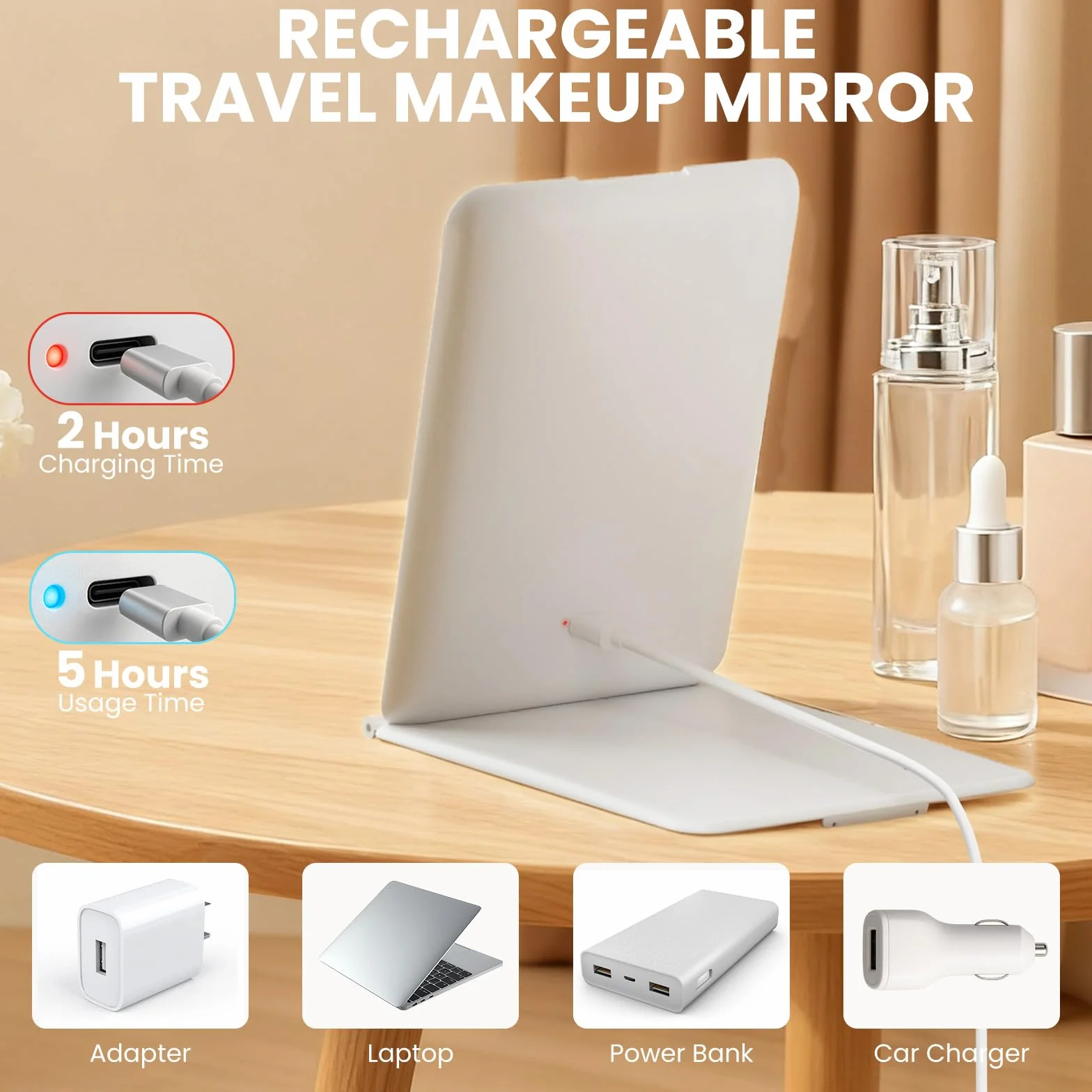Miroir Maquillage Lumineux 72 LED 1500mAh Luminosité Ajustable 3 Modes Pliable Portable
