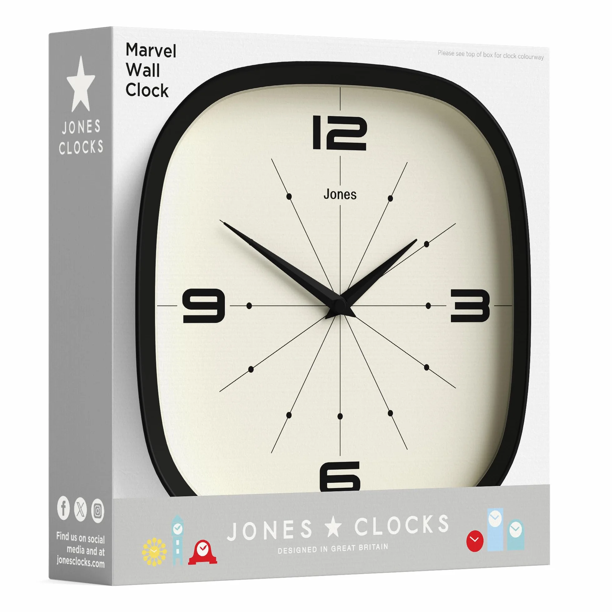 JONES CLOCKS Pulsar Horloge Murale 25cm Orange Rétro Carrée Arrondie