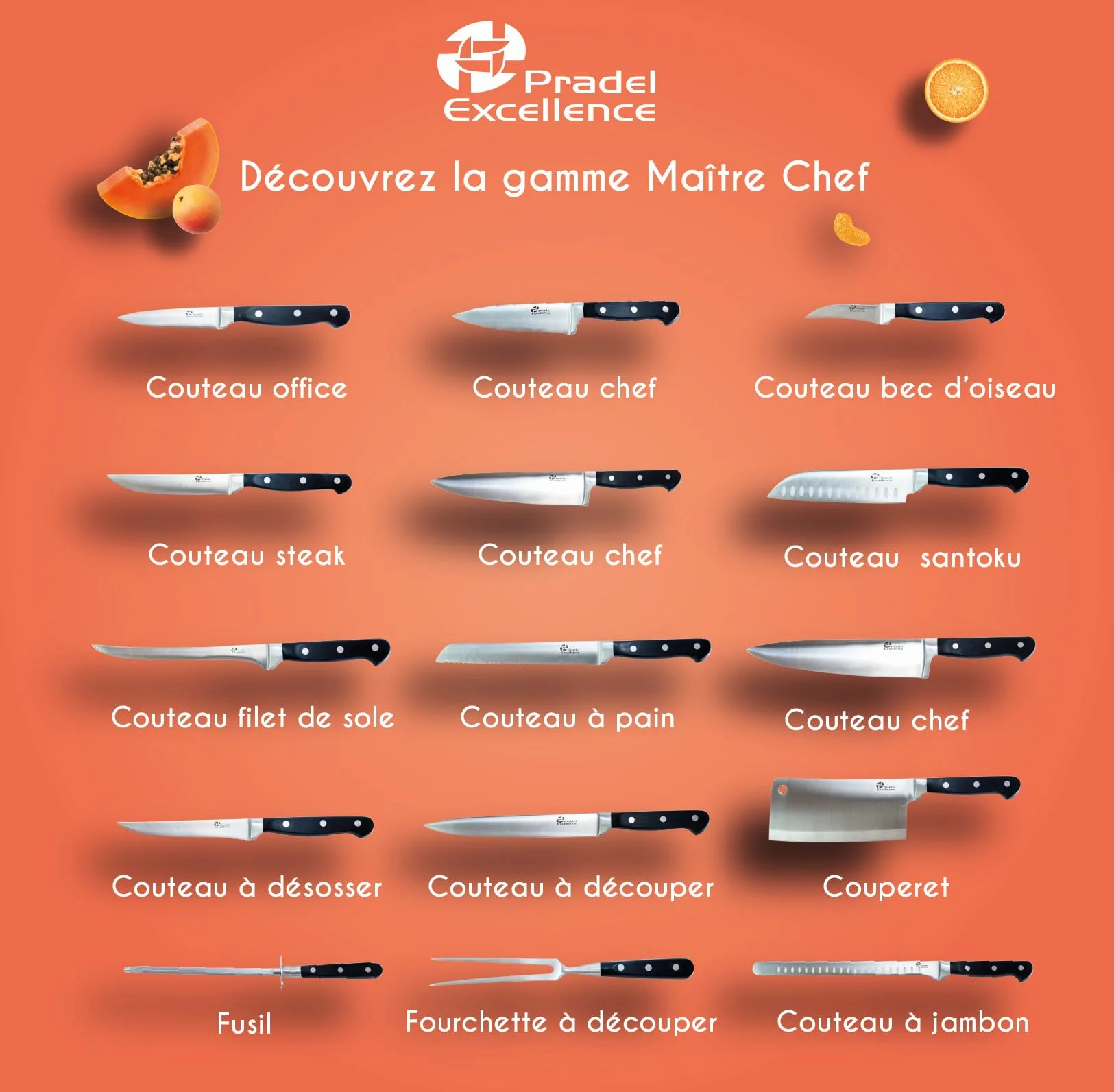 Couteau de Cuisine Chef 20 cm Lame Acier Inoxydable 3Cr14 Manche POM Ergonomique Gamme Maître Chef