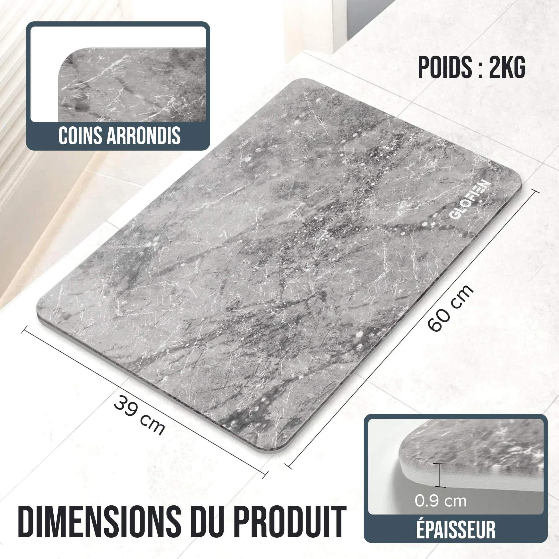Tapis de Bain Diatomite 60x40 cm Antidérapant Ultra Absorbant Séchage Rapide