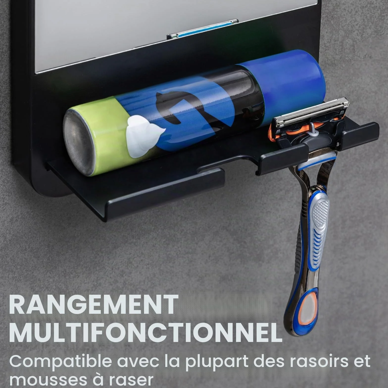 Miroir de Douche Antibuée sans Perçage avec Maintien du Rasoir, Noir