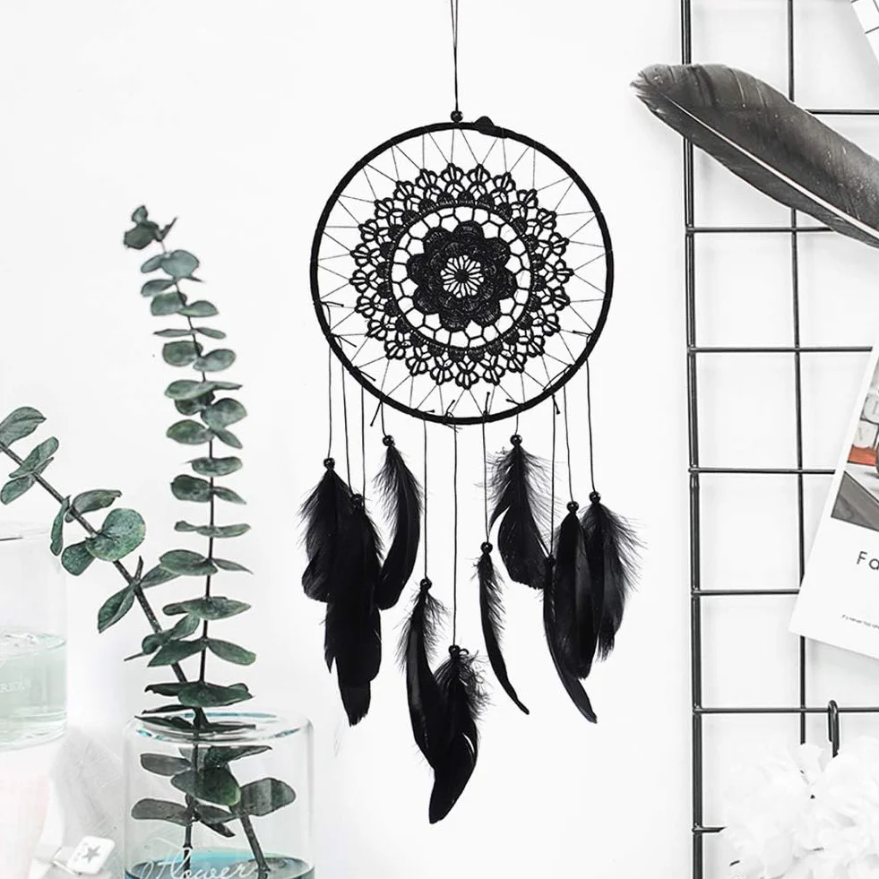 Dreamcatcher Noir Plumes Ornement Murale Décoration Chambre