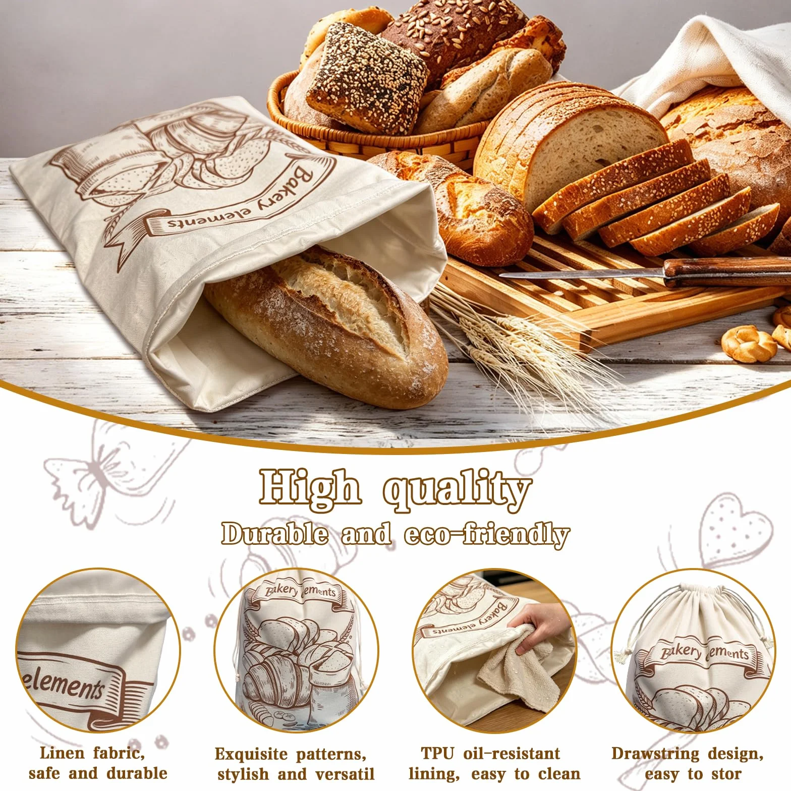 Sac a Pain Cire Abeille en Lin 45x35 cm Doublée TPU Cordon de Serrage Conservation prolongée Lavable résistant