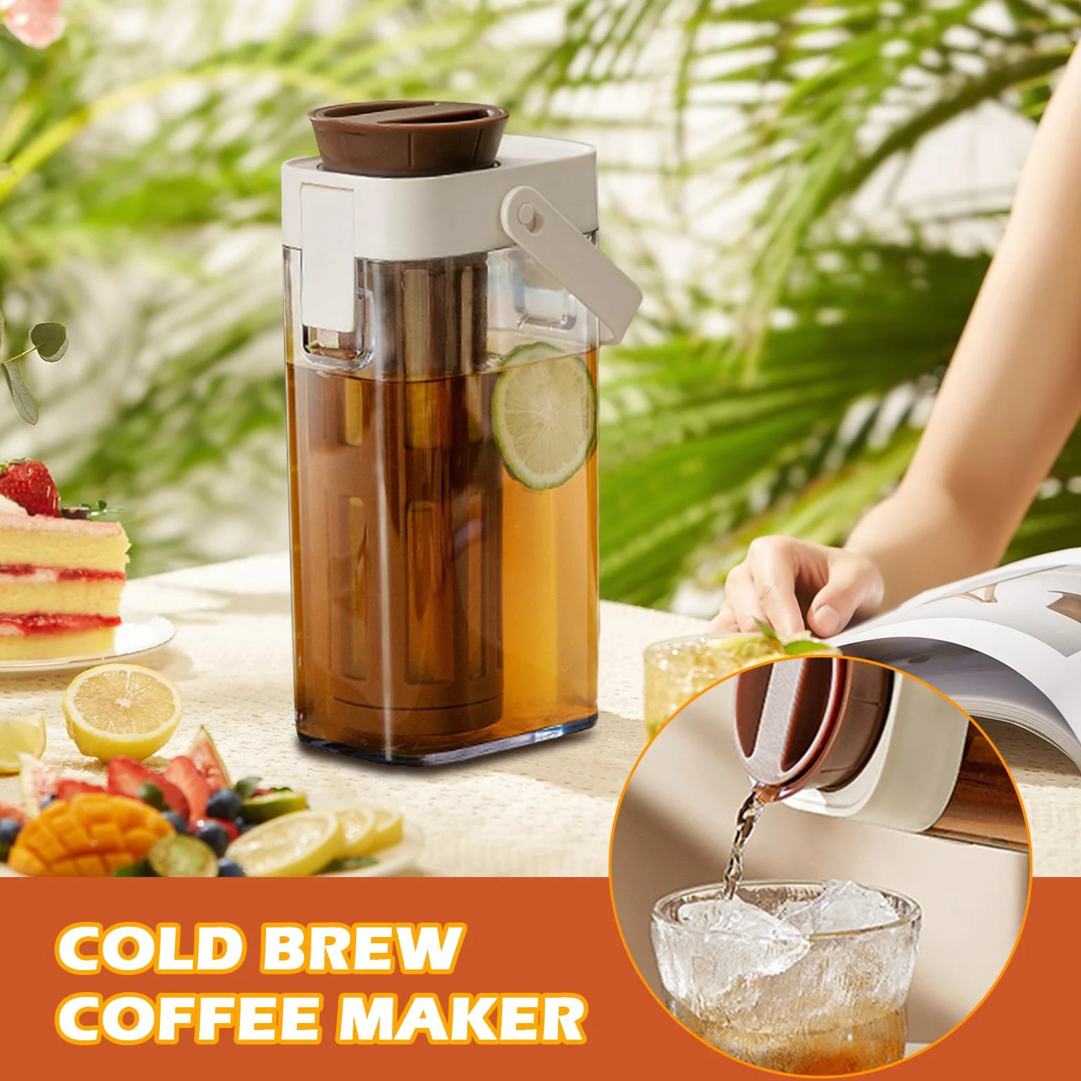Infusion froide Cafetière Machine à café Porte-gobelet Jar Sturdy Poignée Couvercle sécurisé