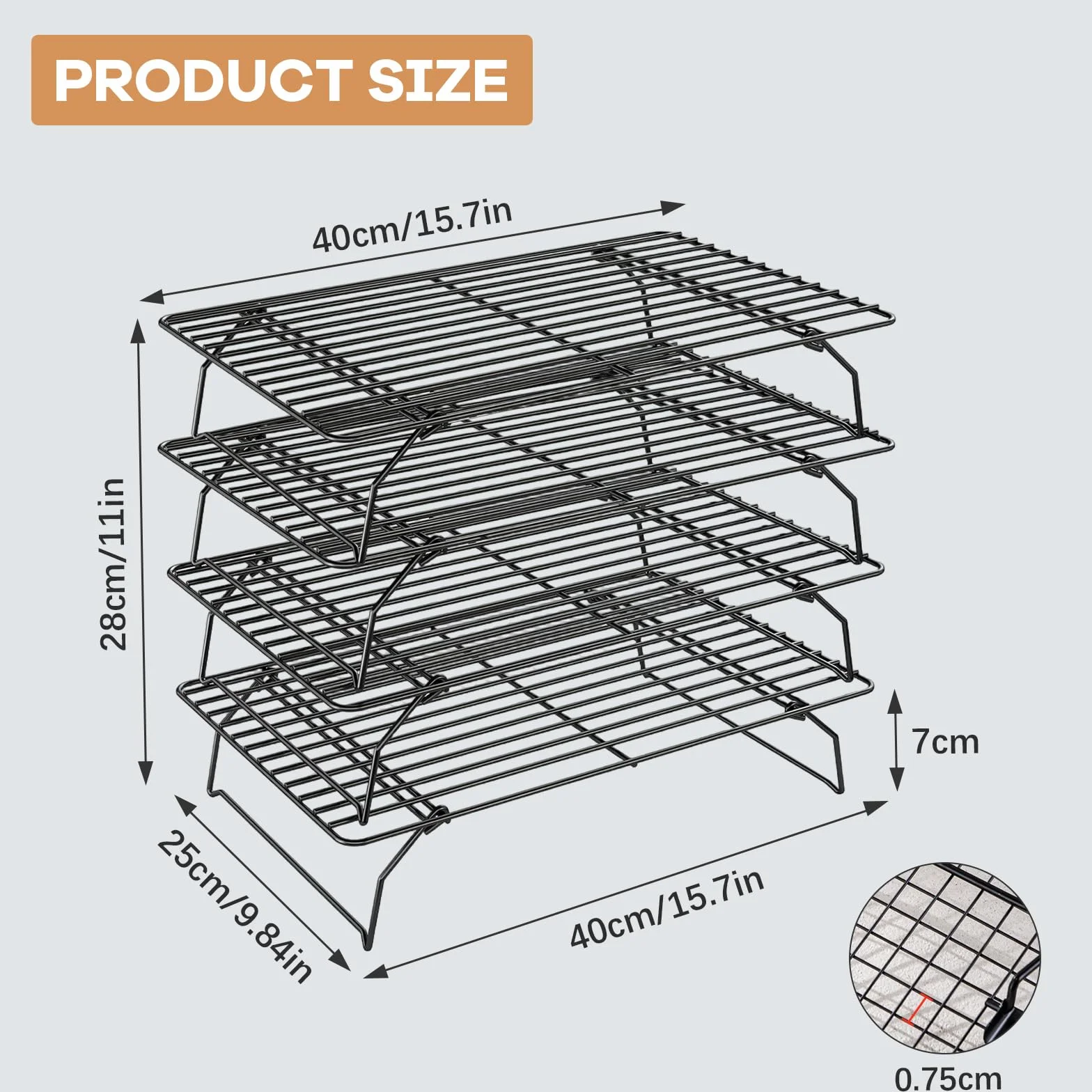 Grille de Refroidissement Empilables en Acier Inoxydable 40x25x4 cm 4 Étages Antiadhésif Cuisson Pâtisserie