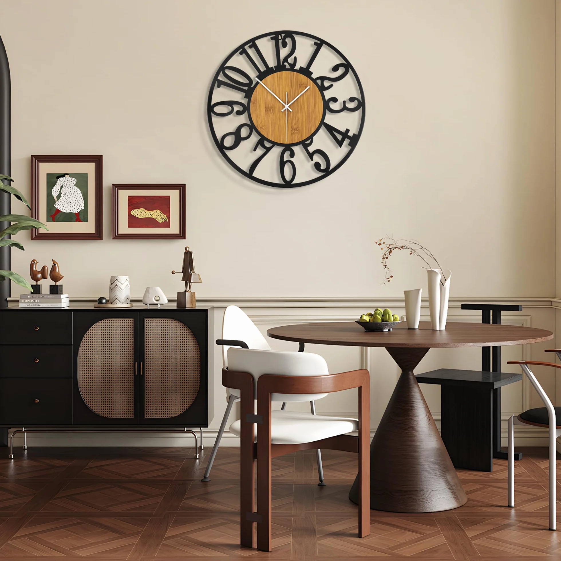 Horloge murale 50 cm silencieuse bois métal noir moderne salon cuisine