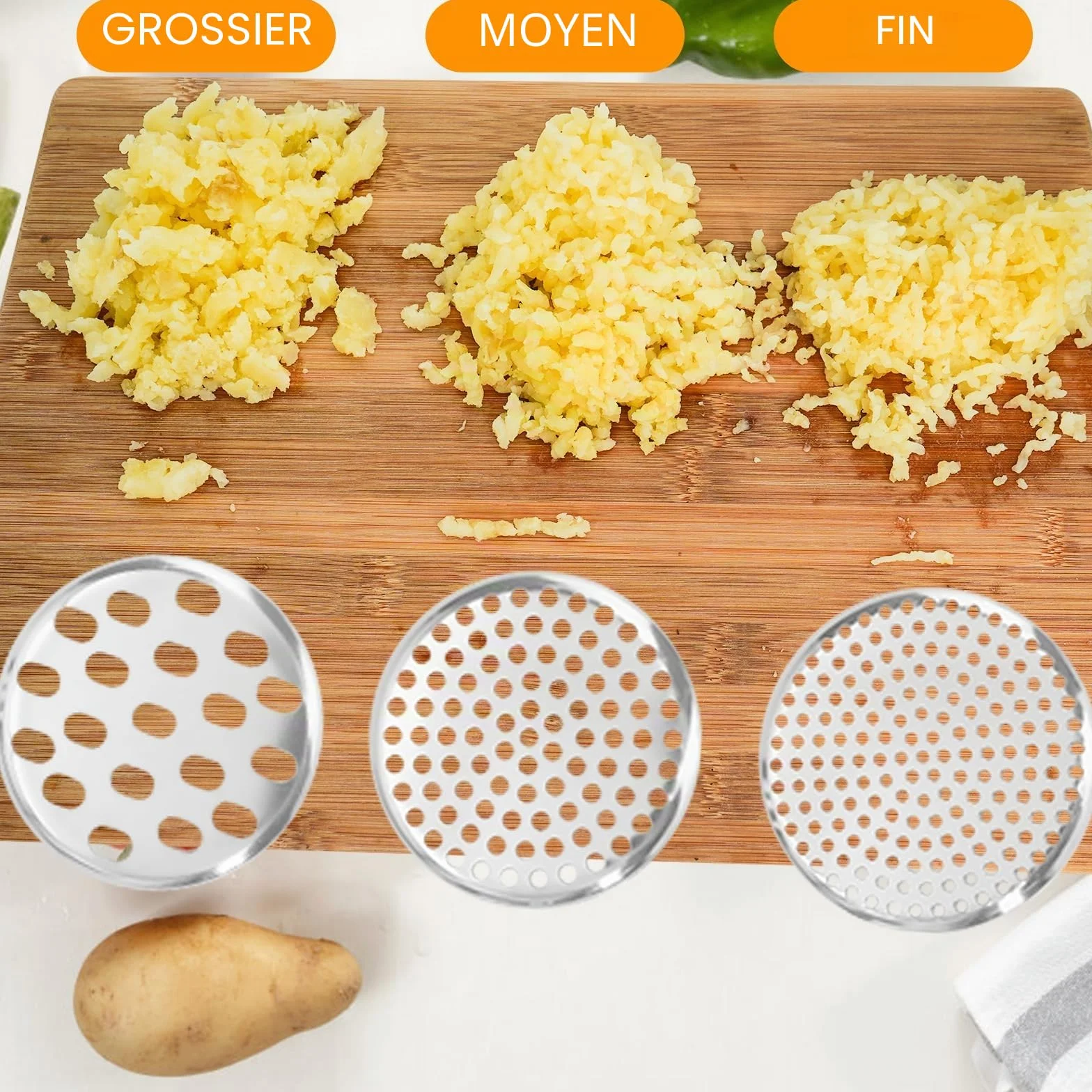 Presse-purée inox 18/10 450 ml, Presse pommes de terre robuste 3 disques interchangeables, Ustensile cuisine purée lisse spaetzle gnocchis légumes