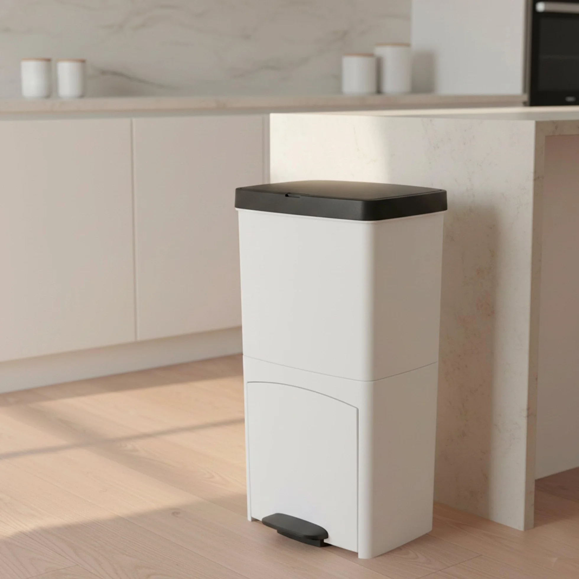 KITCHEN MOVE Poubelle de cuisine tri sélectif verticale 70 litres Blanc double compartiment