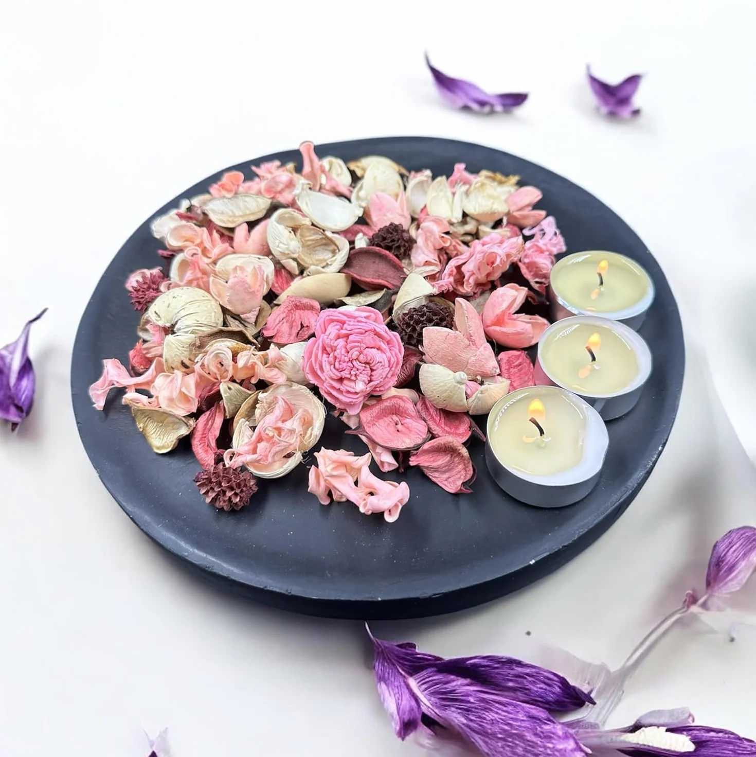 Coffret de Pot-pourri Parfumé Fleurs Roses avec 3 Bougies Chauffe-Plat