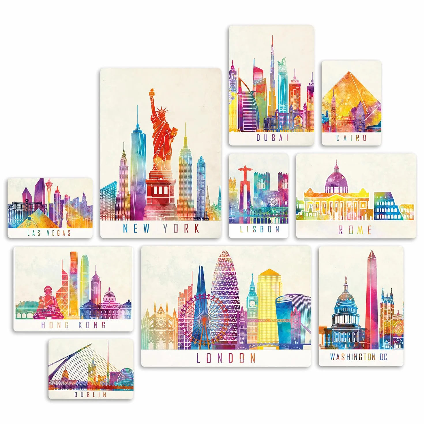 Giallobus Ensemble de 10 peintures multi-panneaux Ville colorée Bois MDF 2x42x29,7cm 4x29,7x21cm 4x21x14,85cm