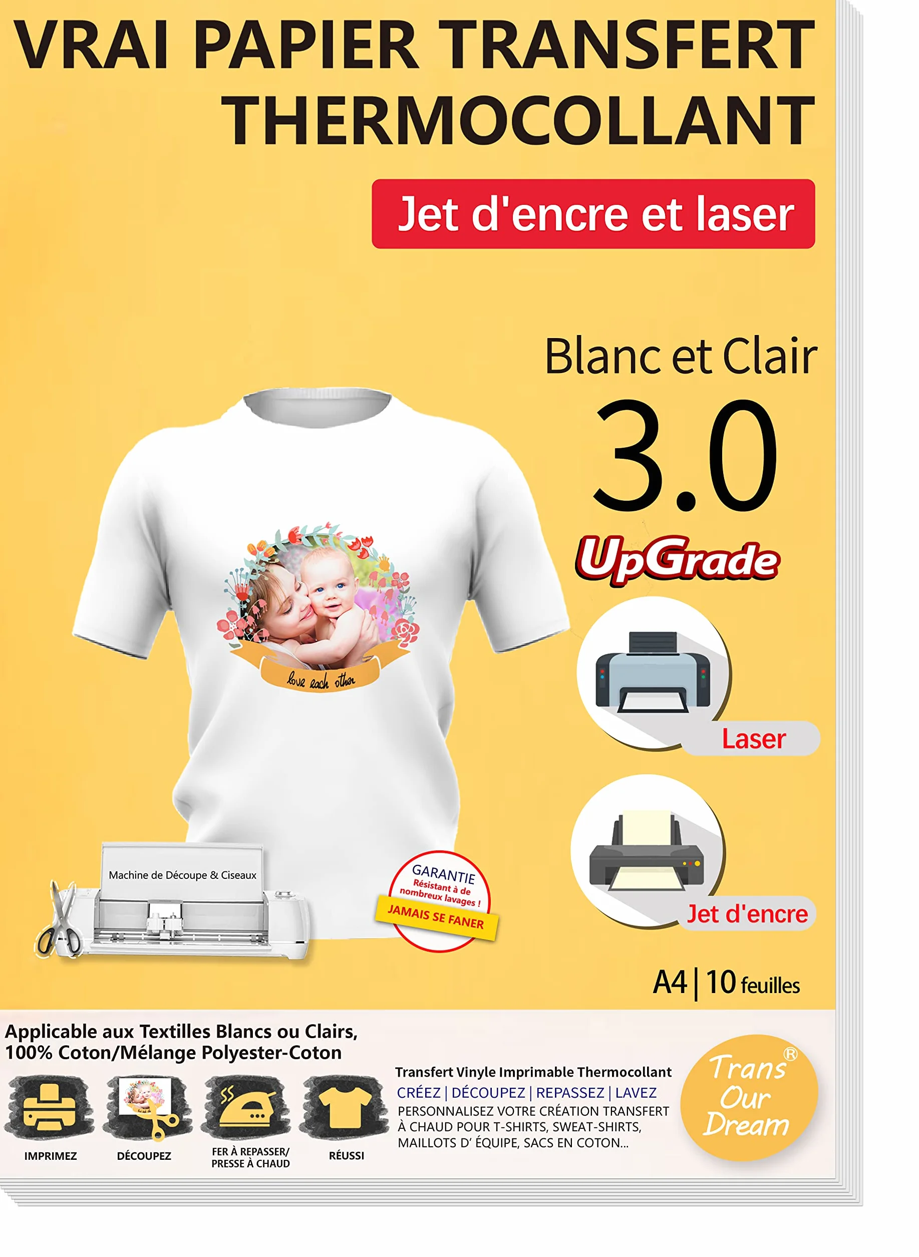 TransOurDream Papier Transfert pour Textile 3.0 A4 10 Feuilles pour T-Shirts Textiles Blancs et Clairs
