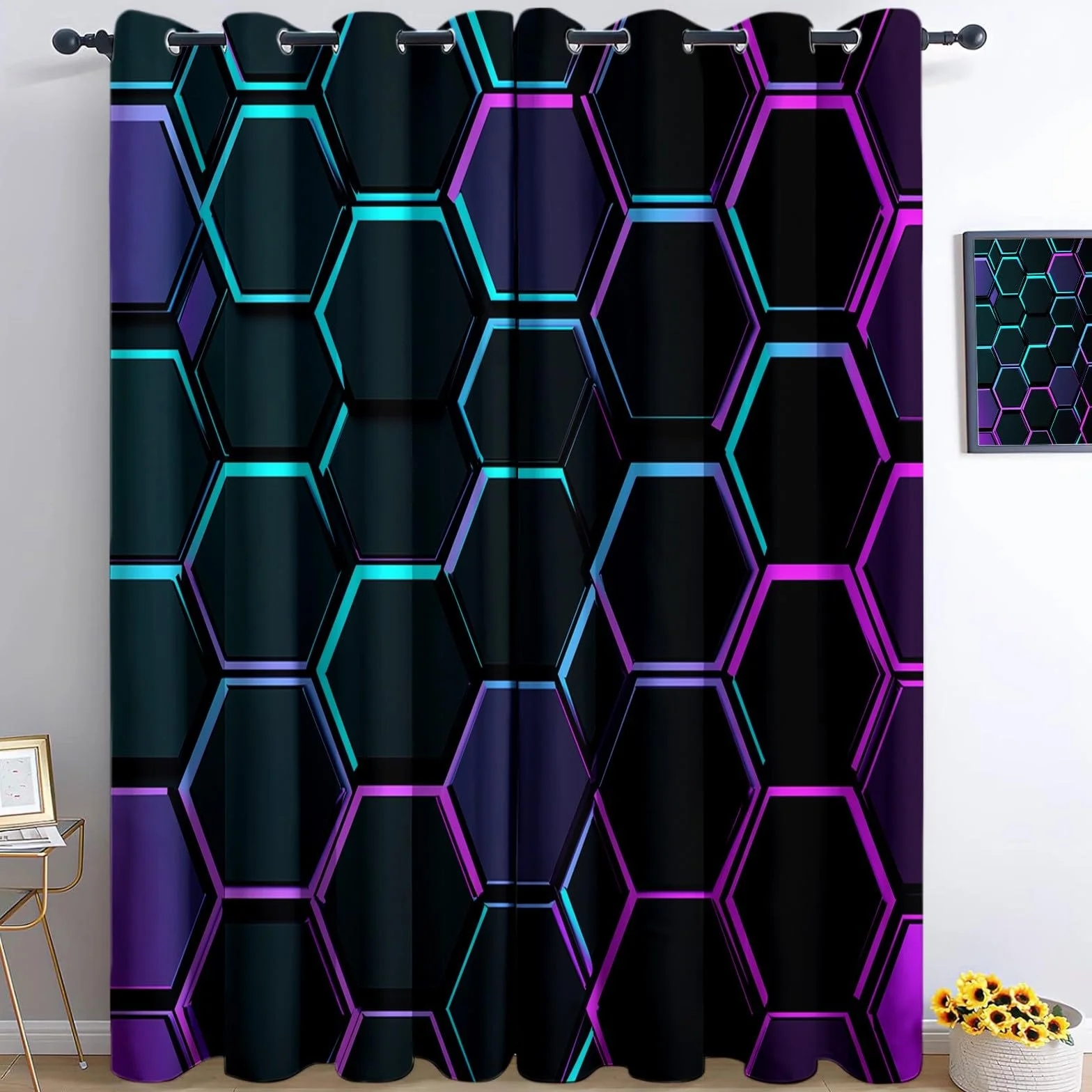 Rideaux Opaques Isolation Thermique 110x215 cm 2 Panneaux Hexagone Géométrique Moderne Noir Violet