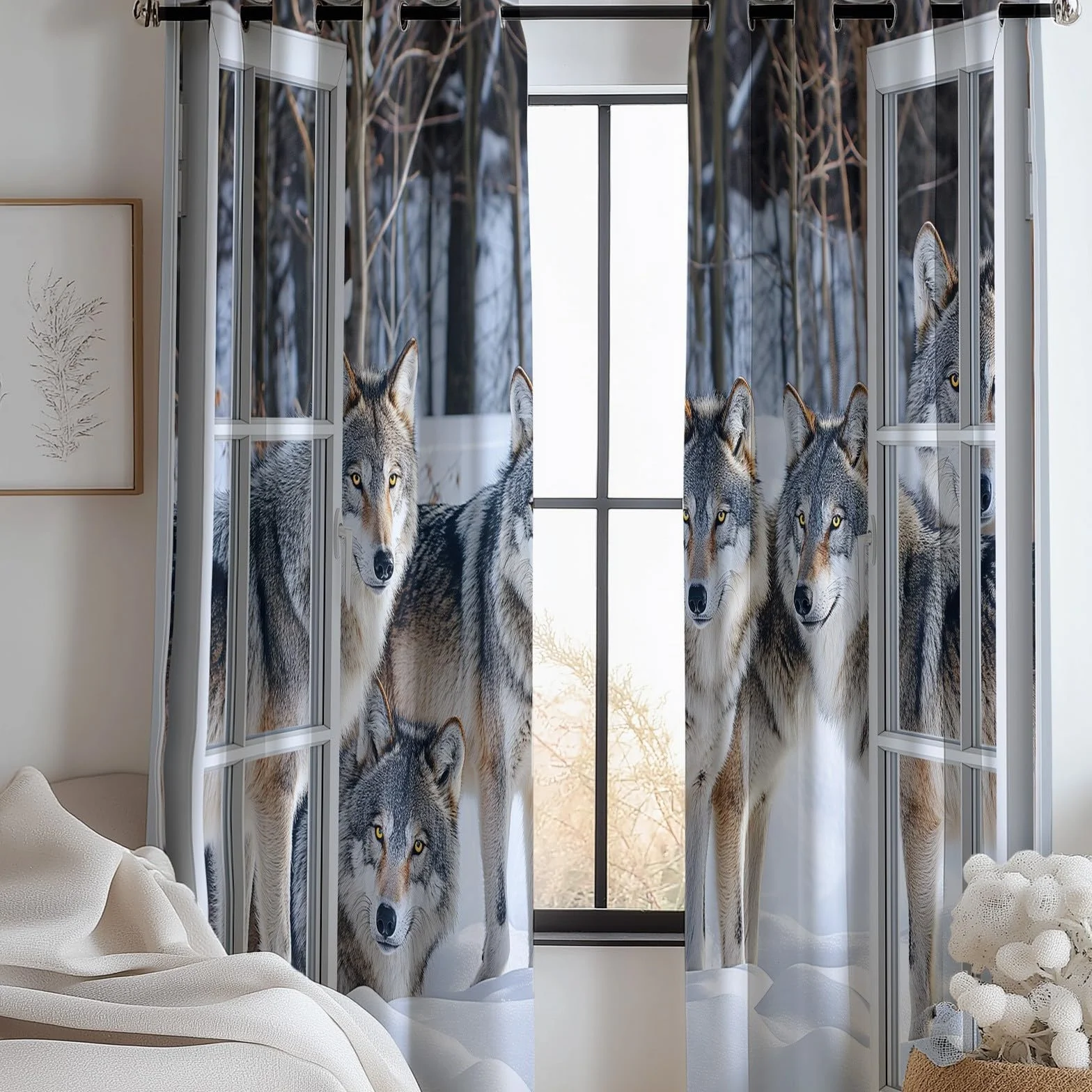Rideau Occultant Lot de 2 Thermique Isolant Anti Froid Chaleur Fenêtre 3D Animaux Neige Opaque Œillets Blanc Gris 85x200 cm