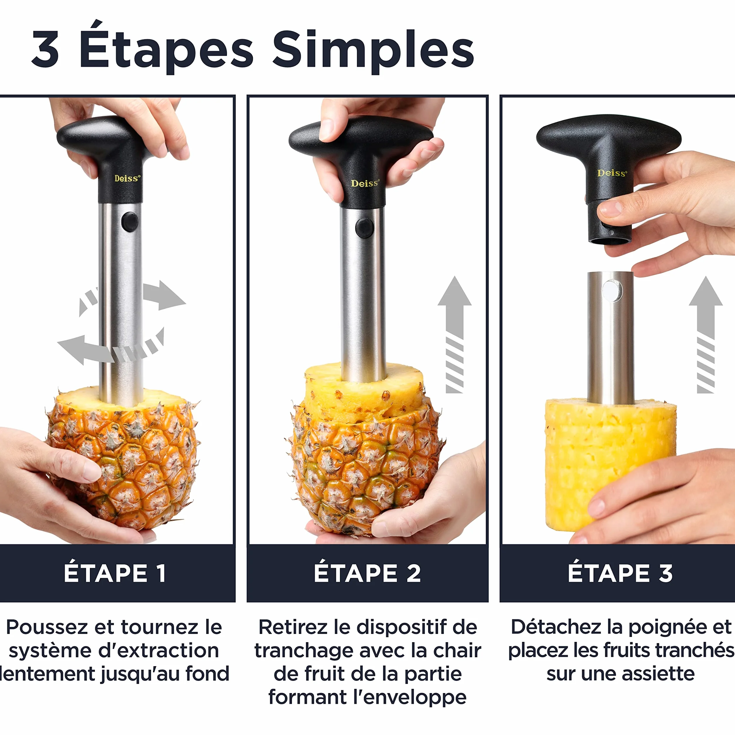 Deiss PRO Dévideur d’Ananas Coupe-Ananas 2 en 1 Acier Inoxydable