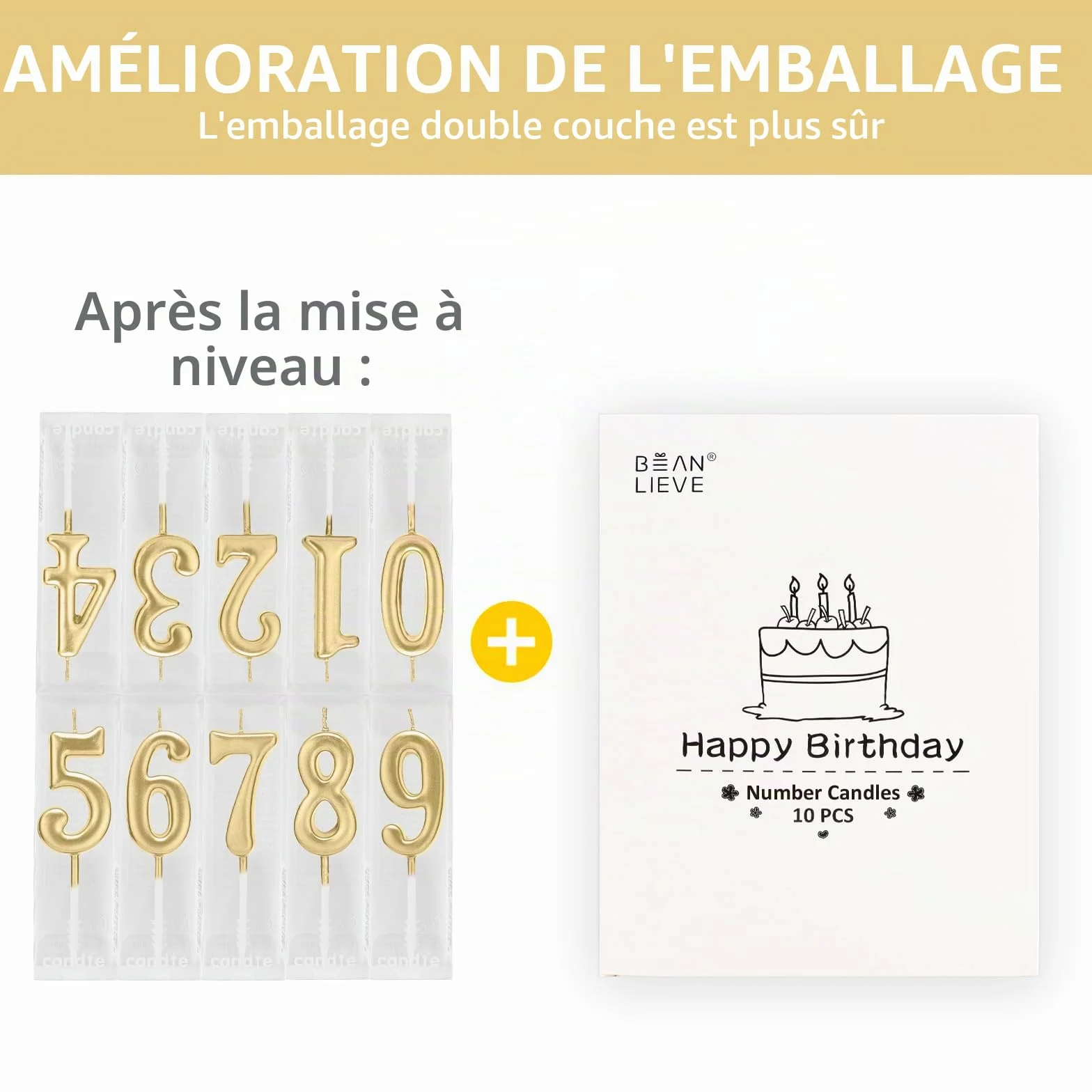 Lot de 10 bougies d'anniversaire à chiffres 0-9 paillettes or champagne pour gâteau