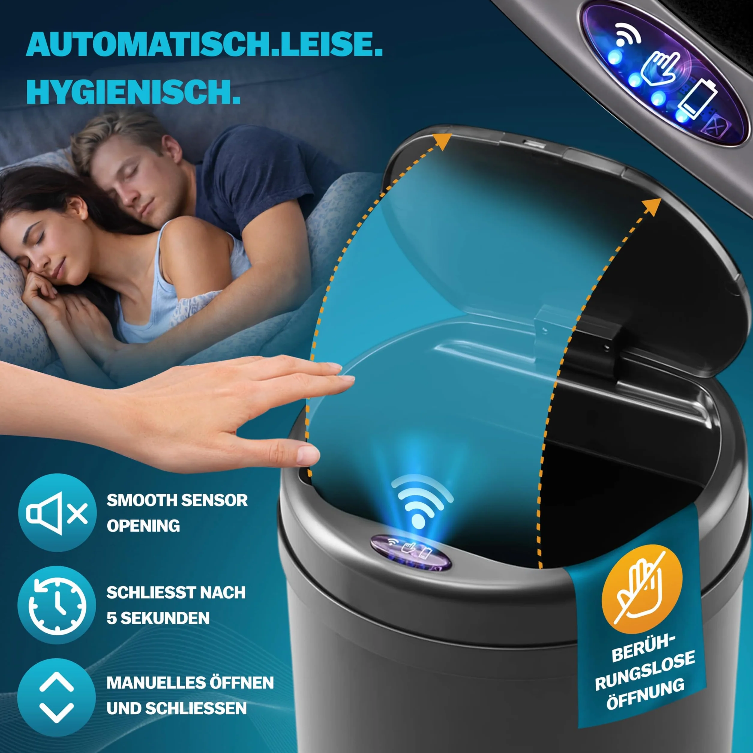 Poubelle automatique acier inoxydable 30L capteur mouvement imperméable sans contact LED USB noir