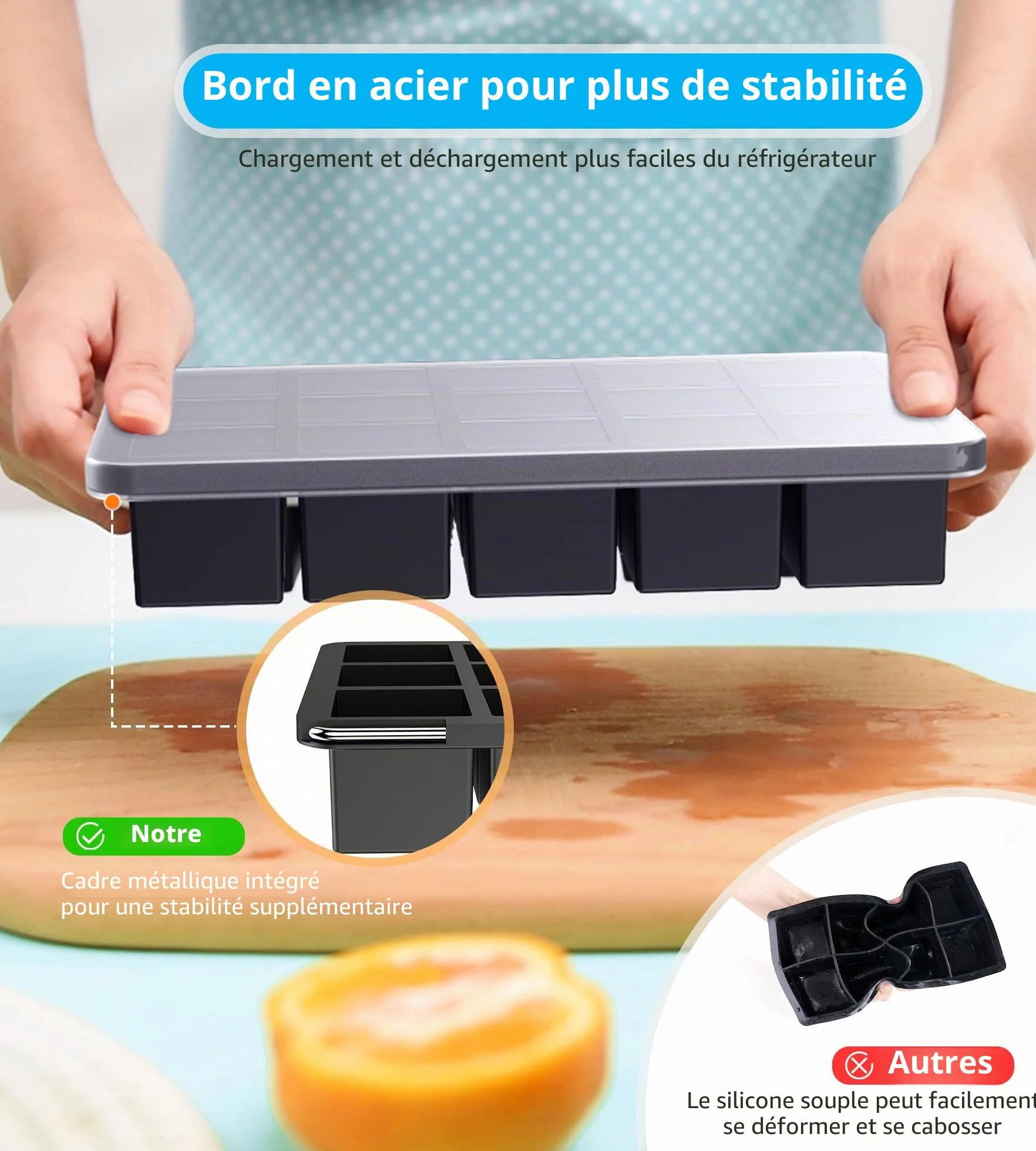Ankway Lot de 3 Bac à Glaçons Silicone avec Couvercle, 45x3.5cm, Sans BPA, Faciles à Retirer, Noir