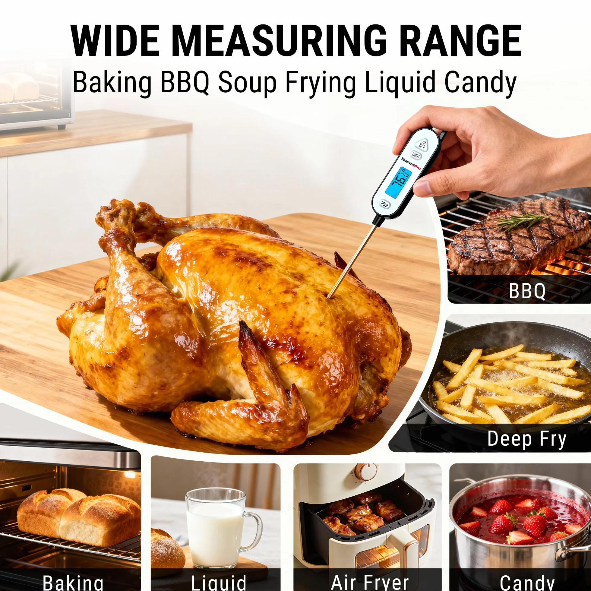 ThermoPro Thermomètre à viande numérique avec sonde pliable - Thermomètre de cuisson pour fumoir, barbecue