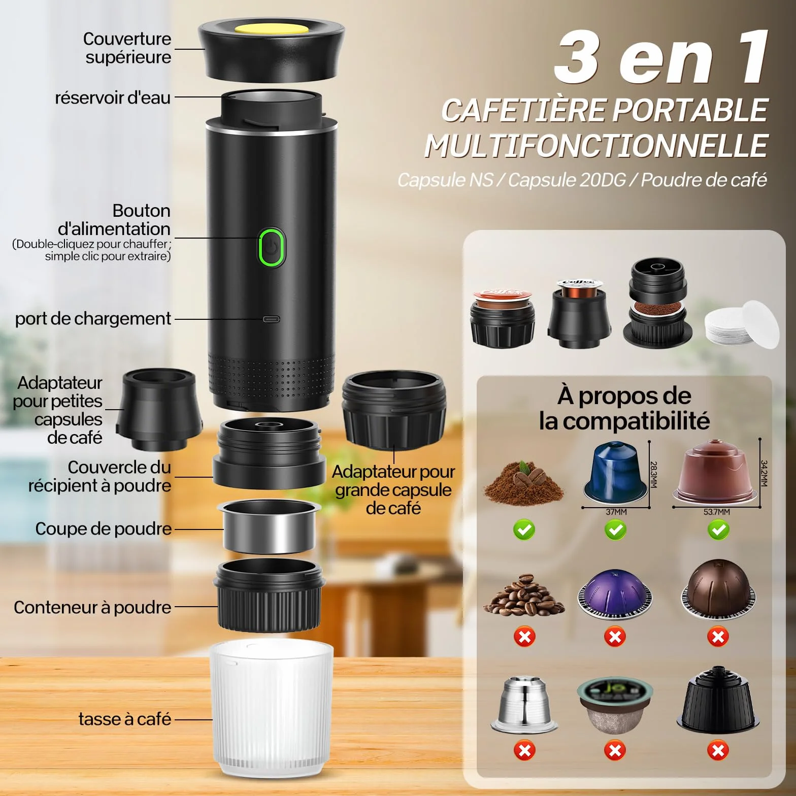 Machine à Café Portable 12V Chauffage Rapide 3 En 1 Auto-Chauffage 4-6 Min Grandes Capsules Café Moulu Camping Bureau Maison Voiture Noir