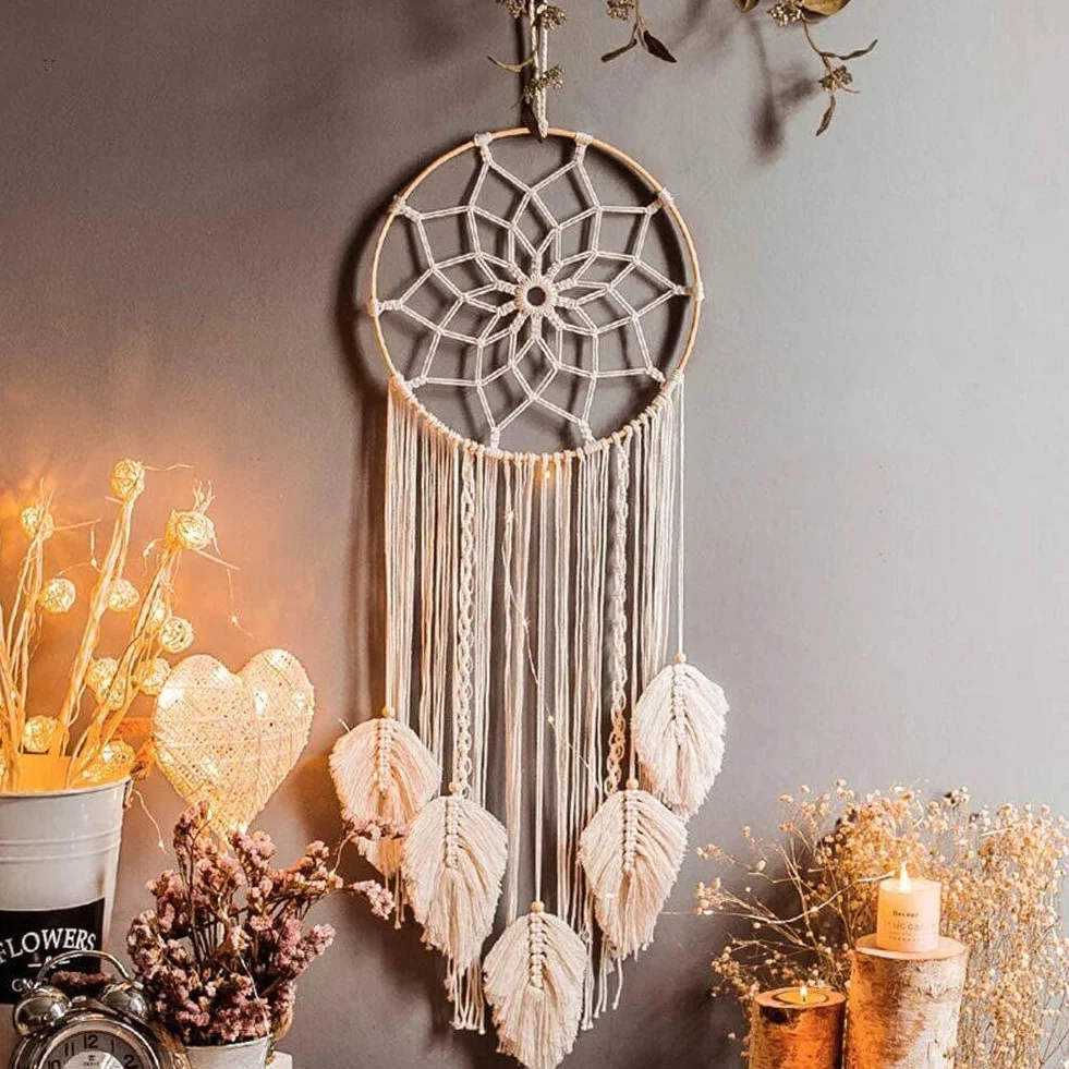 Attrape-rêves Boho Blanc Fait Main Macramé Tissé Coton Art mural Décoration Maison