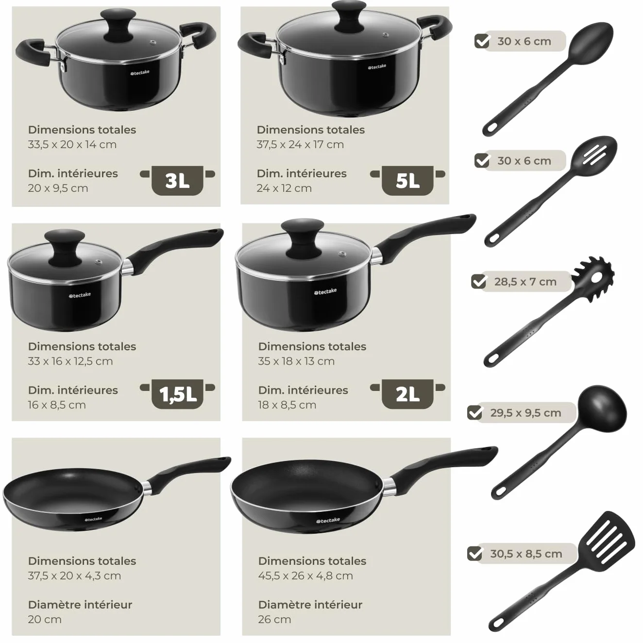 Tectake Set de casseroles et poêles Aluminium inox anti-adhésif 15 pcs gaz vitrocéramique