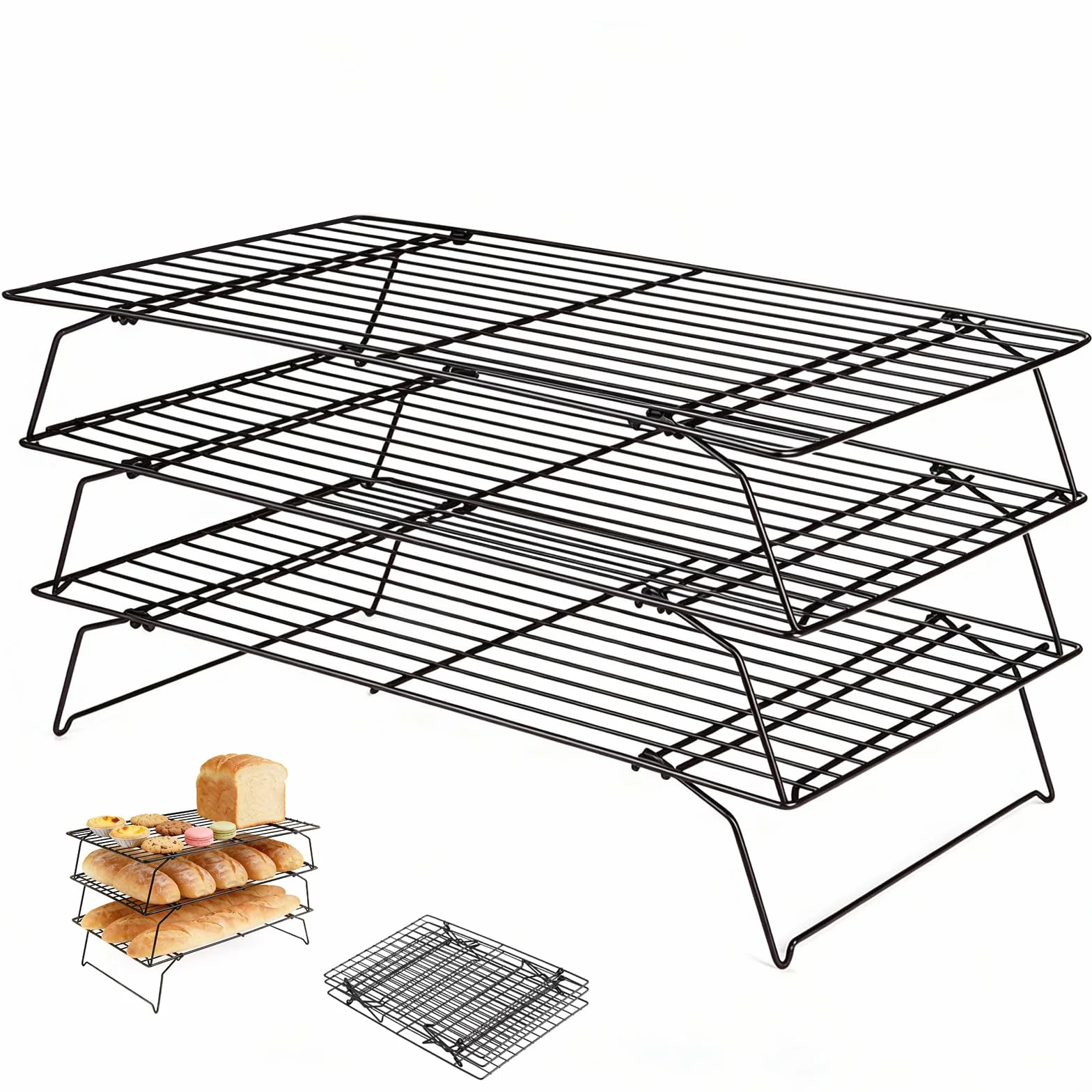 Grille de Refroidissement Pâtisserie Acier Carbone Antiadhésive 40x25 cm Pliable Empilable 3 Niveaux