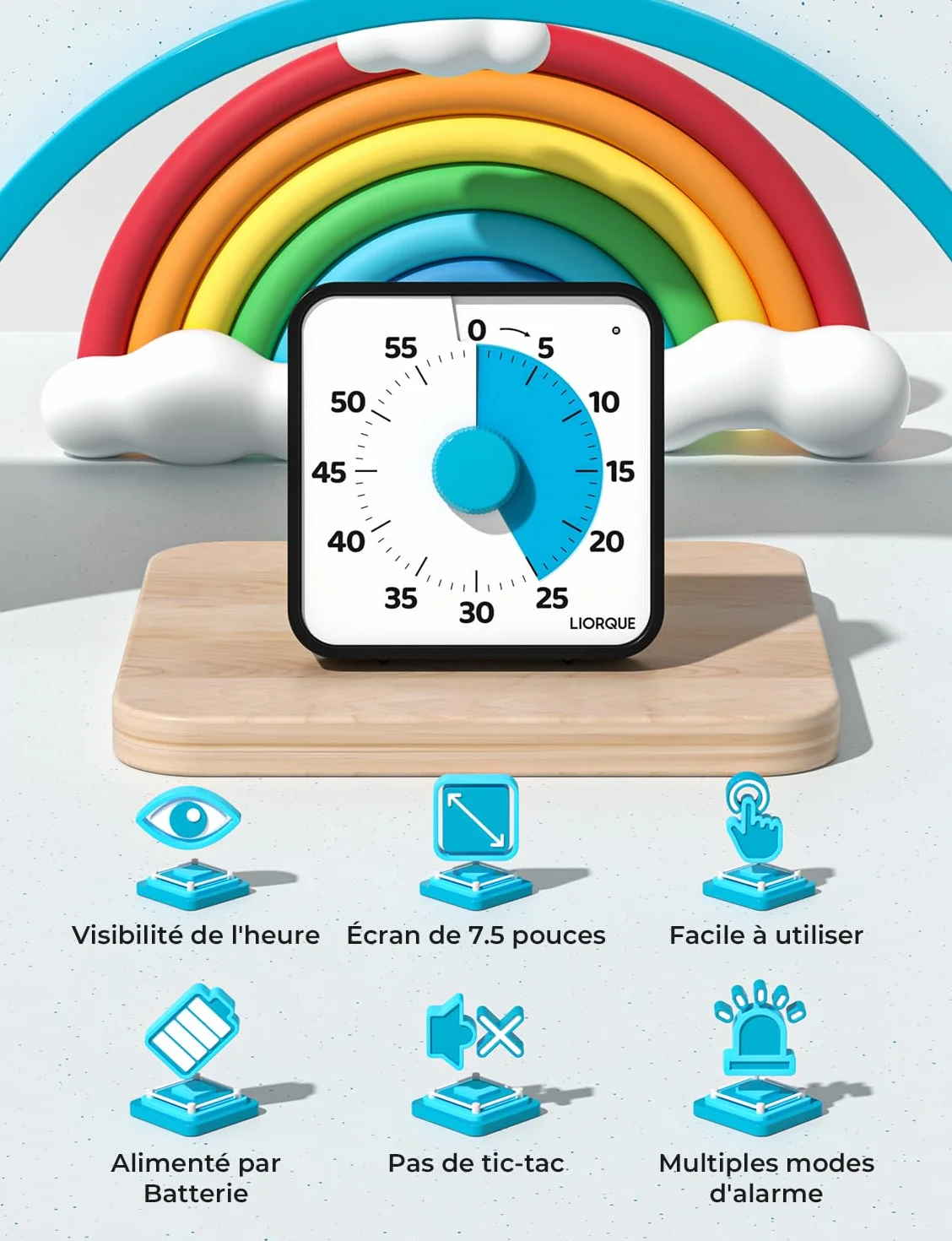 LIORQUE 19cm Grand Minuteur Visuel Timer Classe Aimanté Silencieux 3 Modes Alarme Sonnerie Lumière Vibration