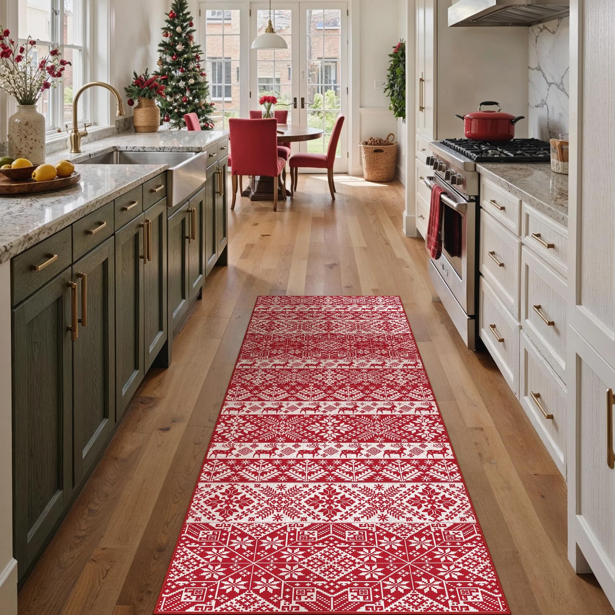 Tapis de couloir de Noël lavable flocon de neige antidérapant 60 x 180 cm rouge PureCozy