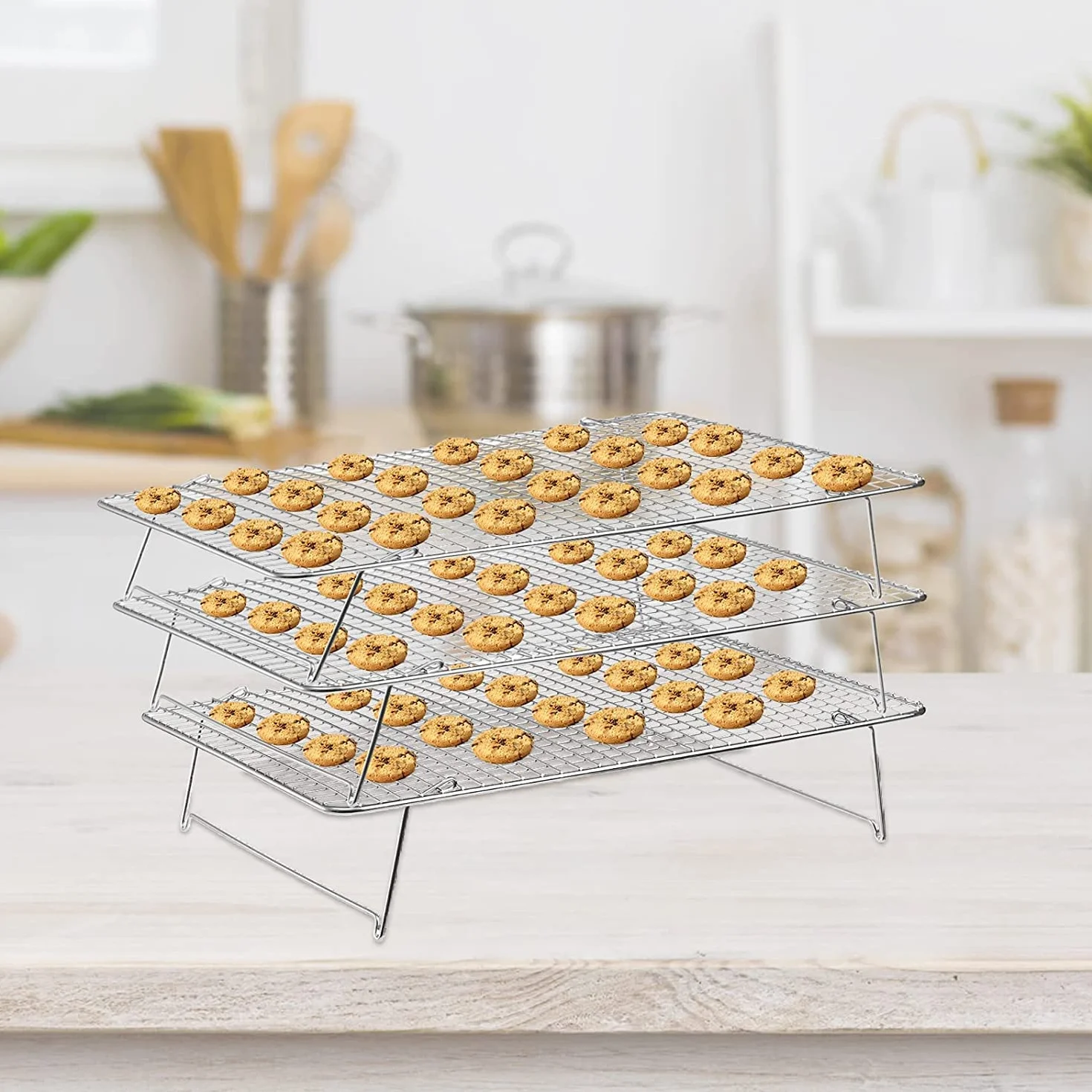 Tebery Lot de 3 grilles de refroidissement pliables en acier inoxydable 304 42 x 30,5 x 22 cm Argenté