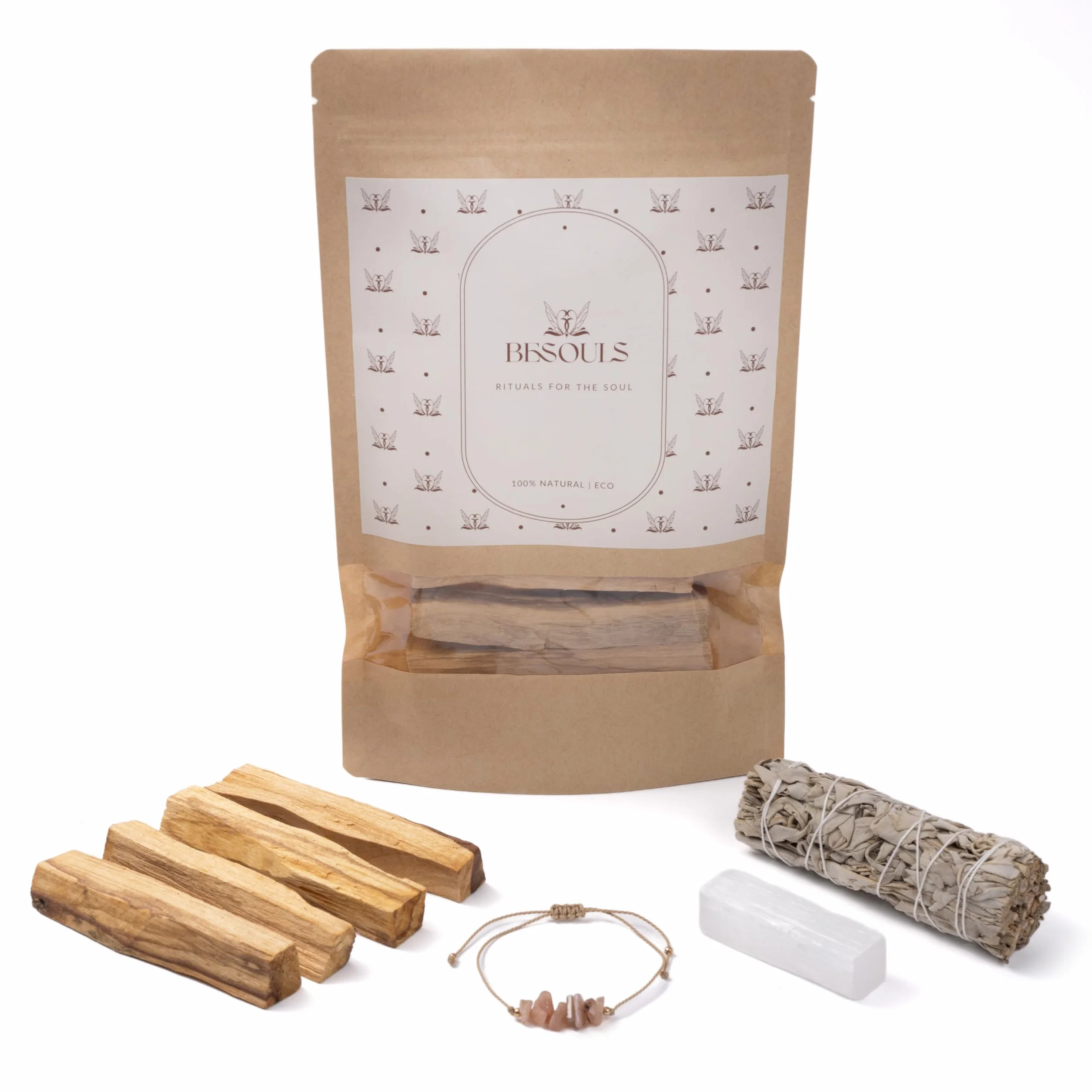Coffret Premium Rituel Nettoyage Énergétique Palo Santo Purification Sauge Blanche Bracelet Sélénite Maison
