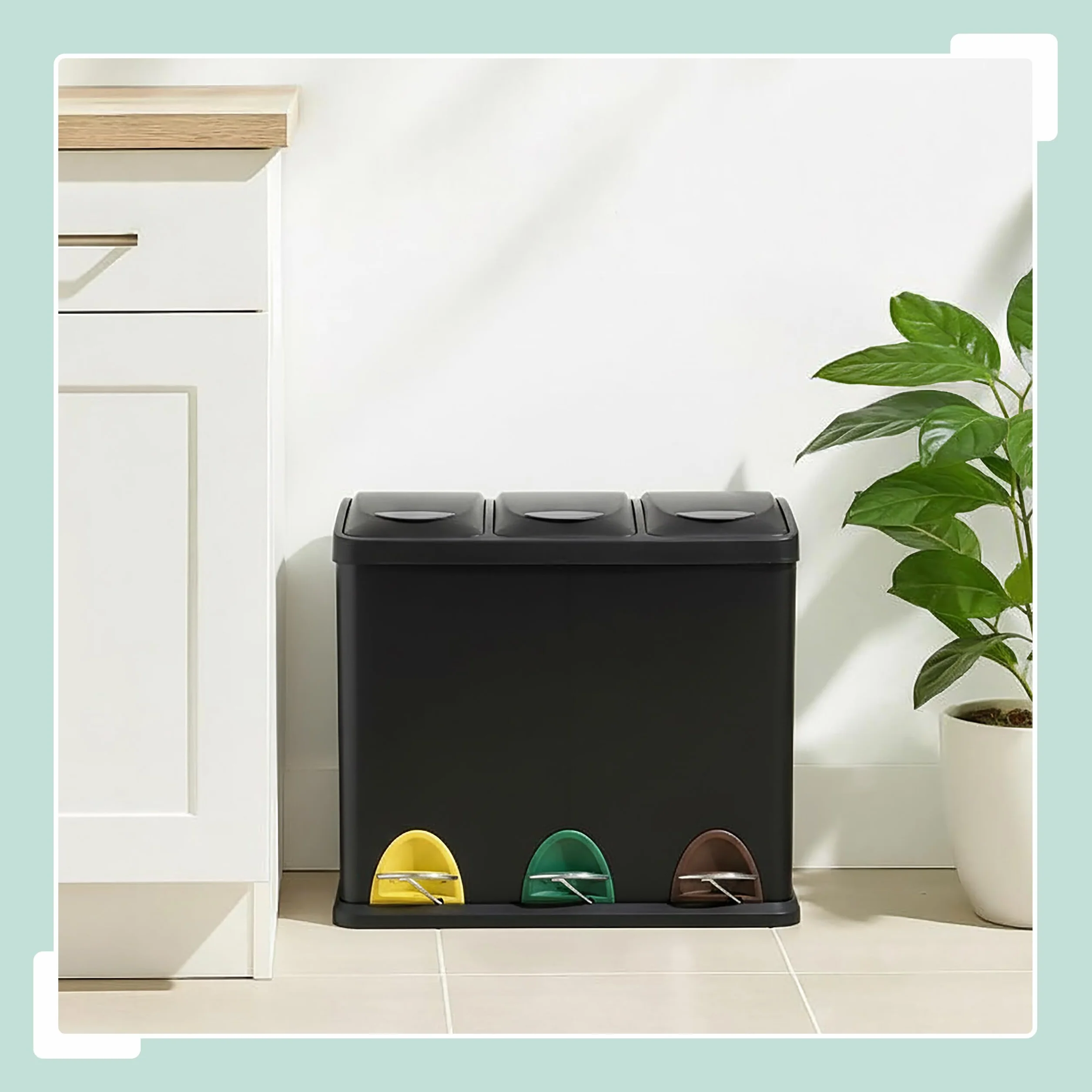 Relaxdays Poubelle 3 Compartiments 24L métal Noir avec pédale