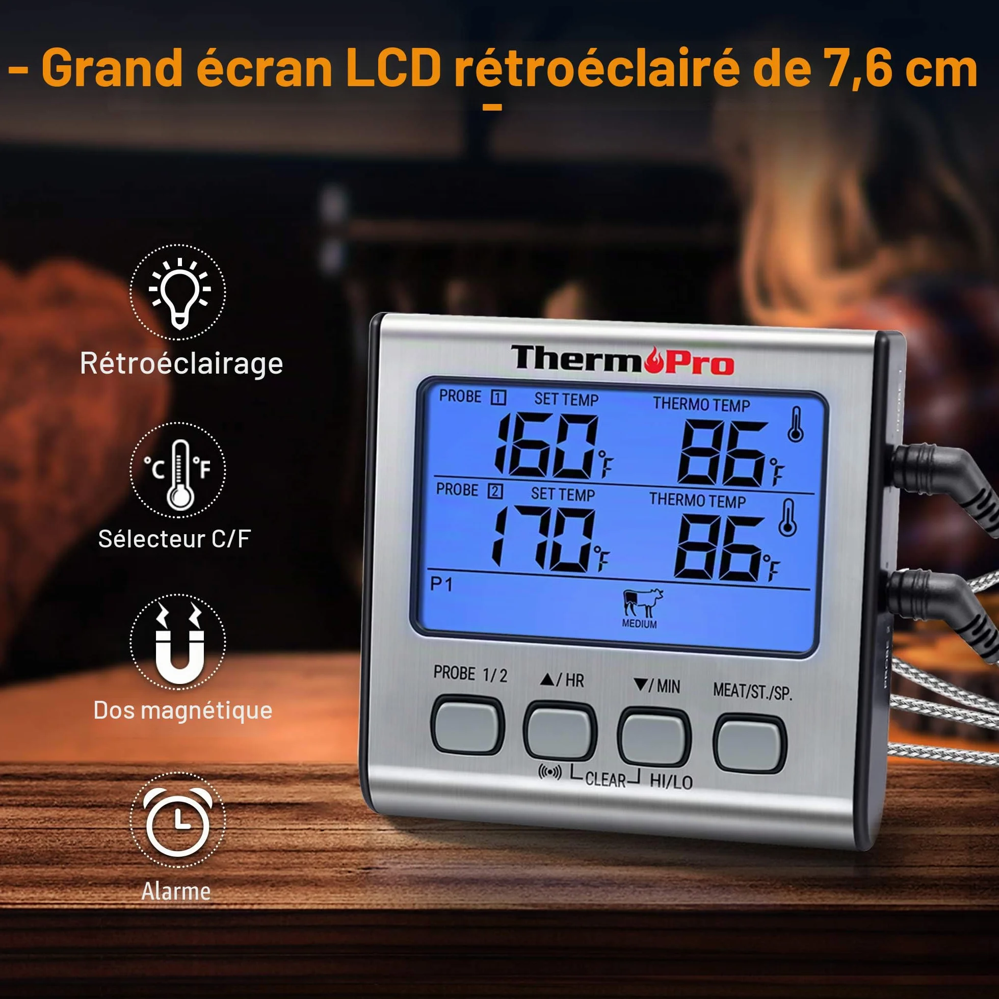 ThermoPro TP17 Thermomètre pour Viande Numérique Double Sonde Grand Écran LCD Rétroéclairé Cuisson Barbecue